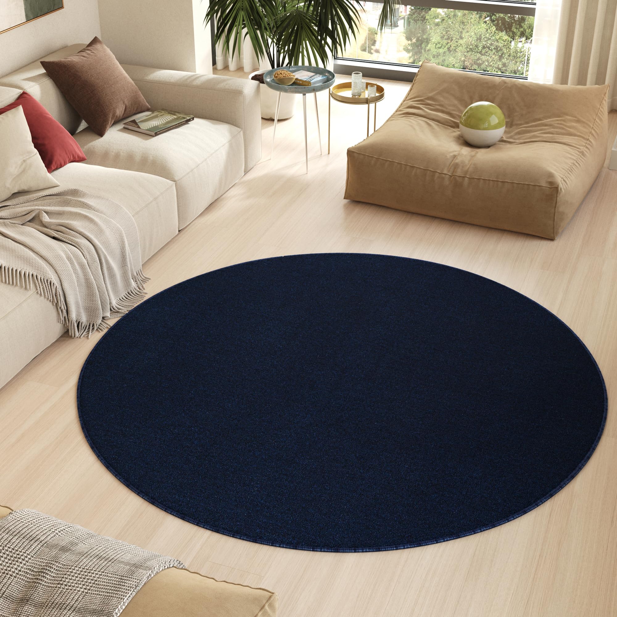 TAPISO Nizza Alfombra Redonda Antideslizante Lavable de Pelo Corto Diseño Moderno Azul Marino Oscuro Melange Alfombra de Salón Cocina Dormitorio Habitación Comedor Oeko-Tex 160 x 160 cm