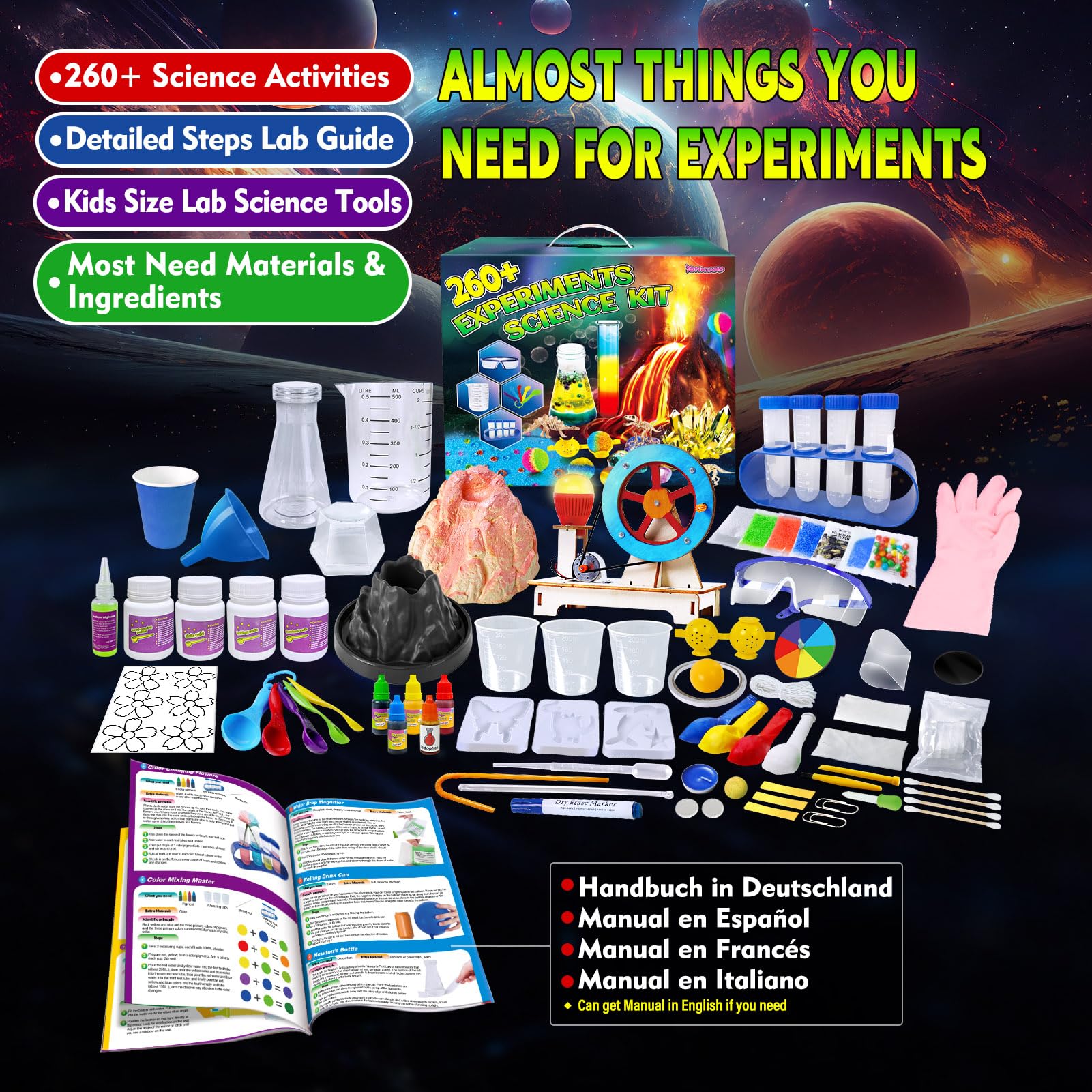 YOPINSAND Kit di 260+ esperimenti scientifici per bambini: giocattolo educativo S.T.E.M, laboratorio di chimica ed eruzione del vulcano