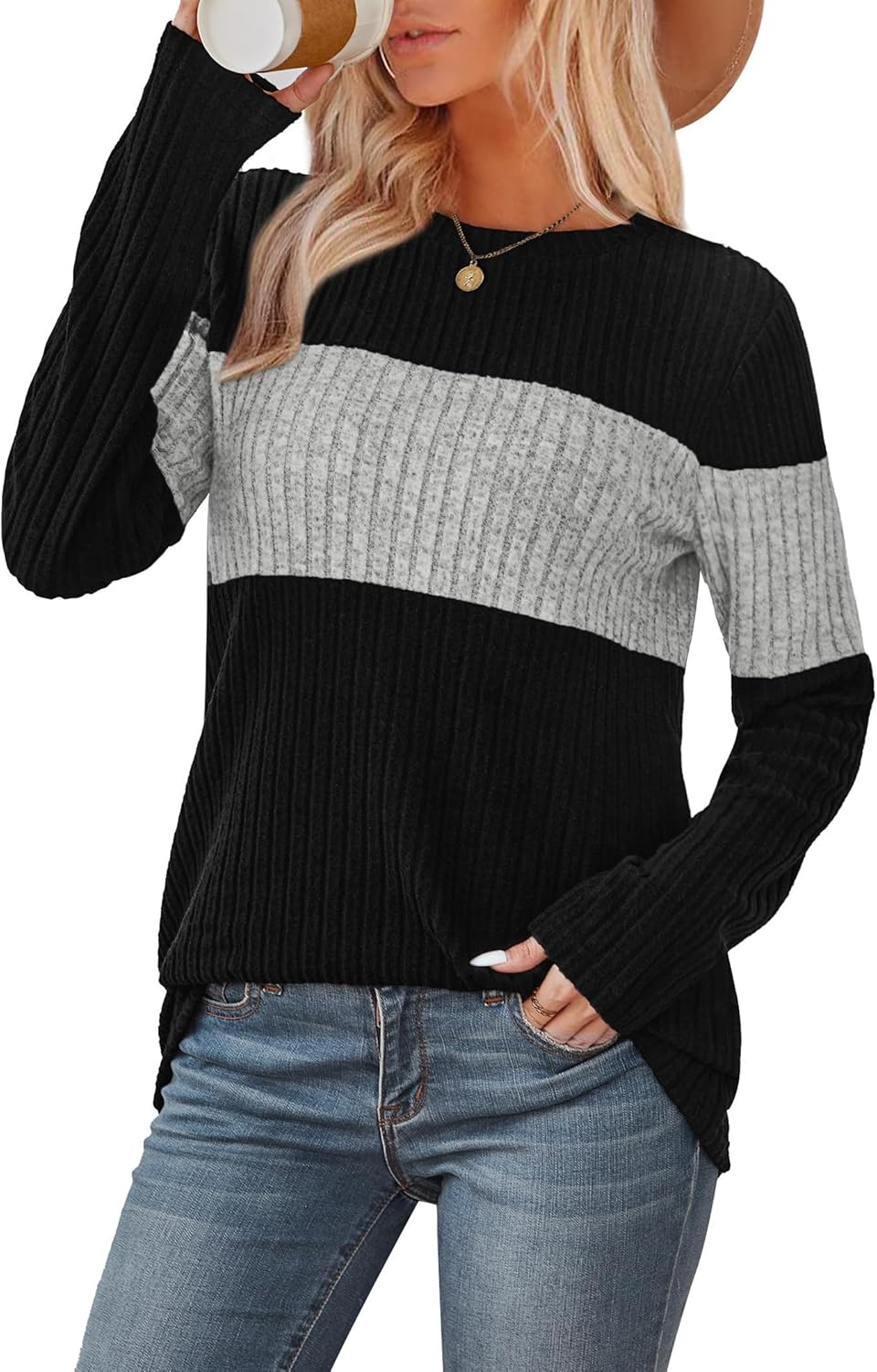 WIHOLL Womens Sweaters Trendy Color Block Tops Long Sleeve Shirts Fall Outfits Early Fall Fashion 2025 Winter Clothing - Image 2