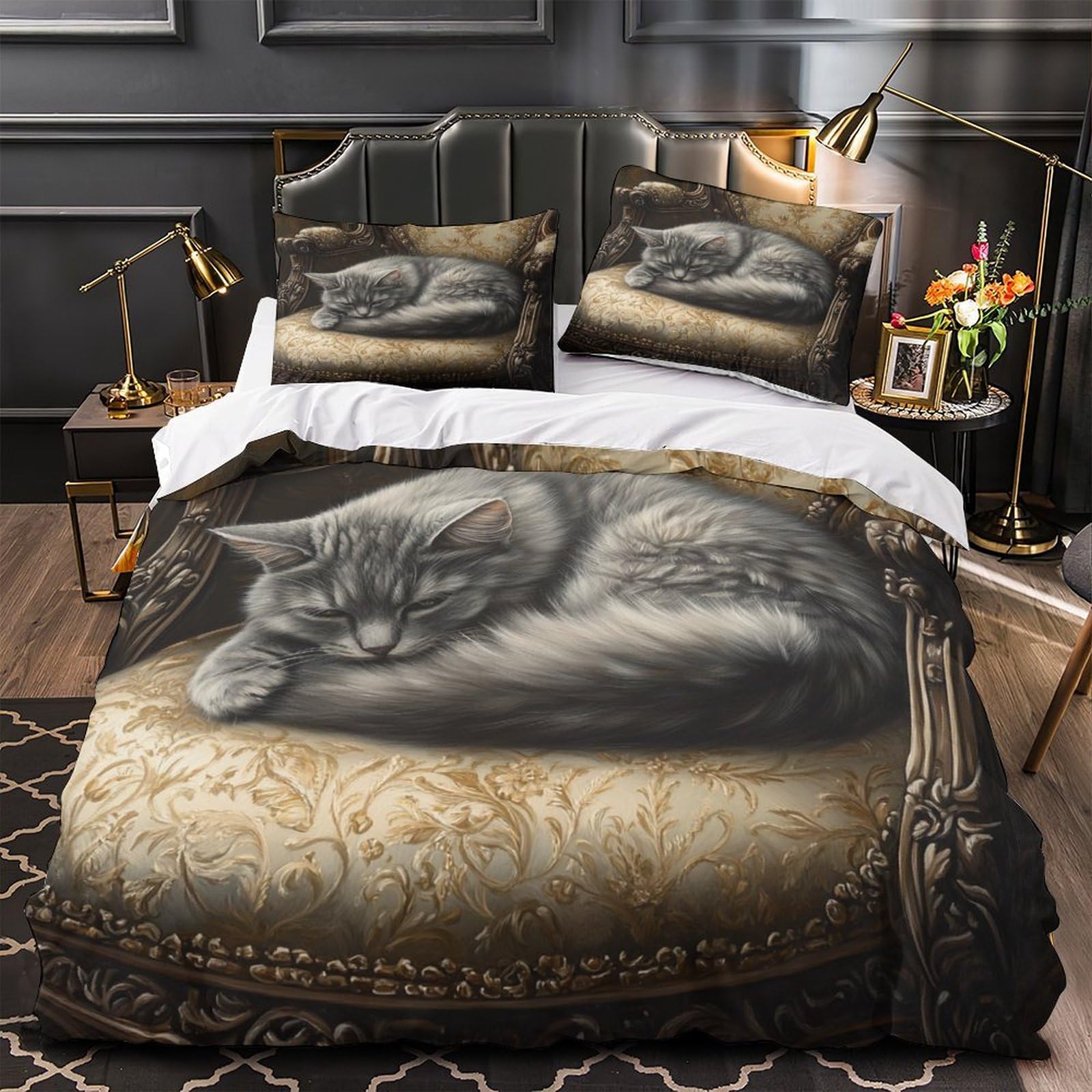 Housse de couette chat 3D 220x240 cm vintage en microfibre pour un lit King confortable