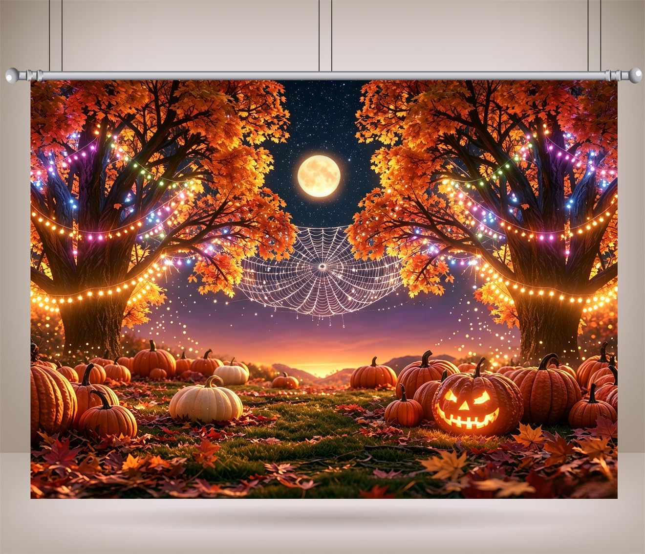 17x10FT (5.2x3m) Giardino Di Zucche Al Chiar Di Luna Sfondo Fotografico | Frutteto Halloween Colorato Fondale In Tessuto,Ragnatela Tra Alberi,Per Feste Halloween E Foto In Costume,Photo Booth