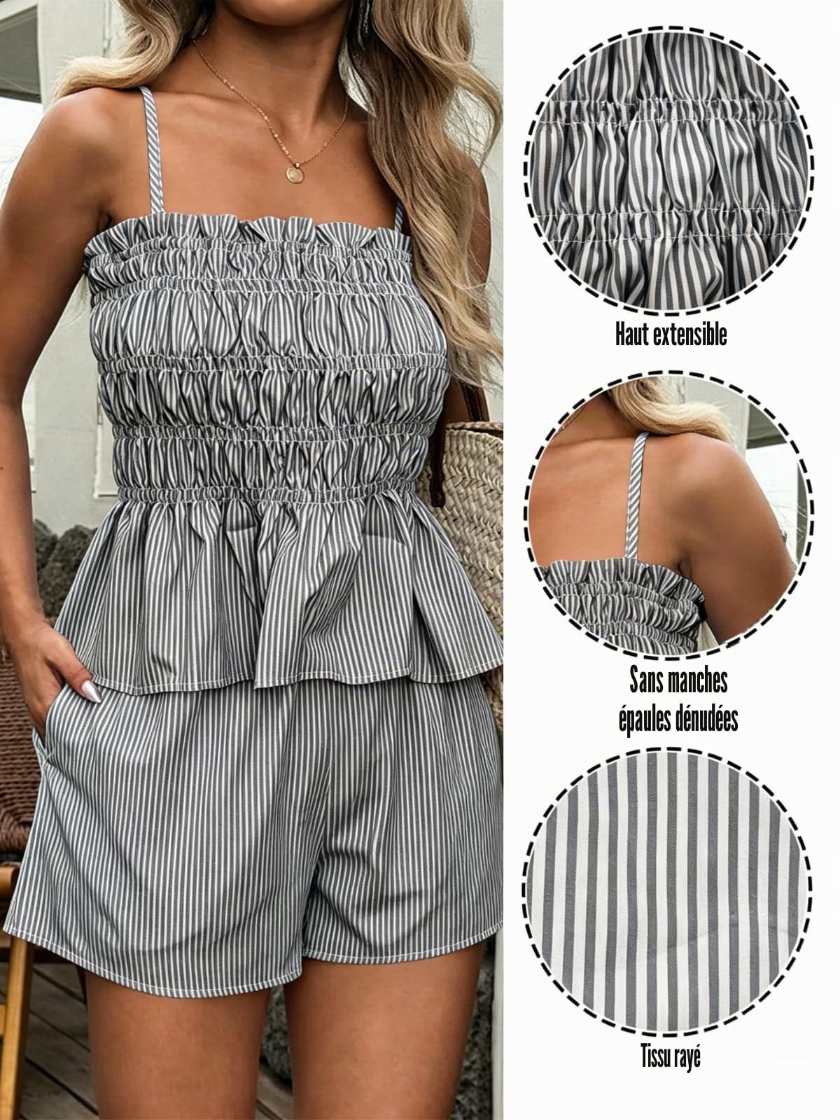 Ensemble Femme 2 Pièces Ete Chic Short avec Poches Haut Bretelles e Bermuda des Rayures Décontracté Slim Fit Sexy