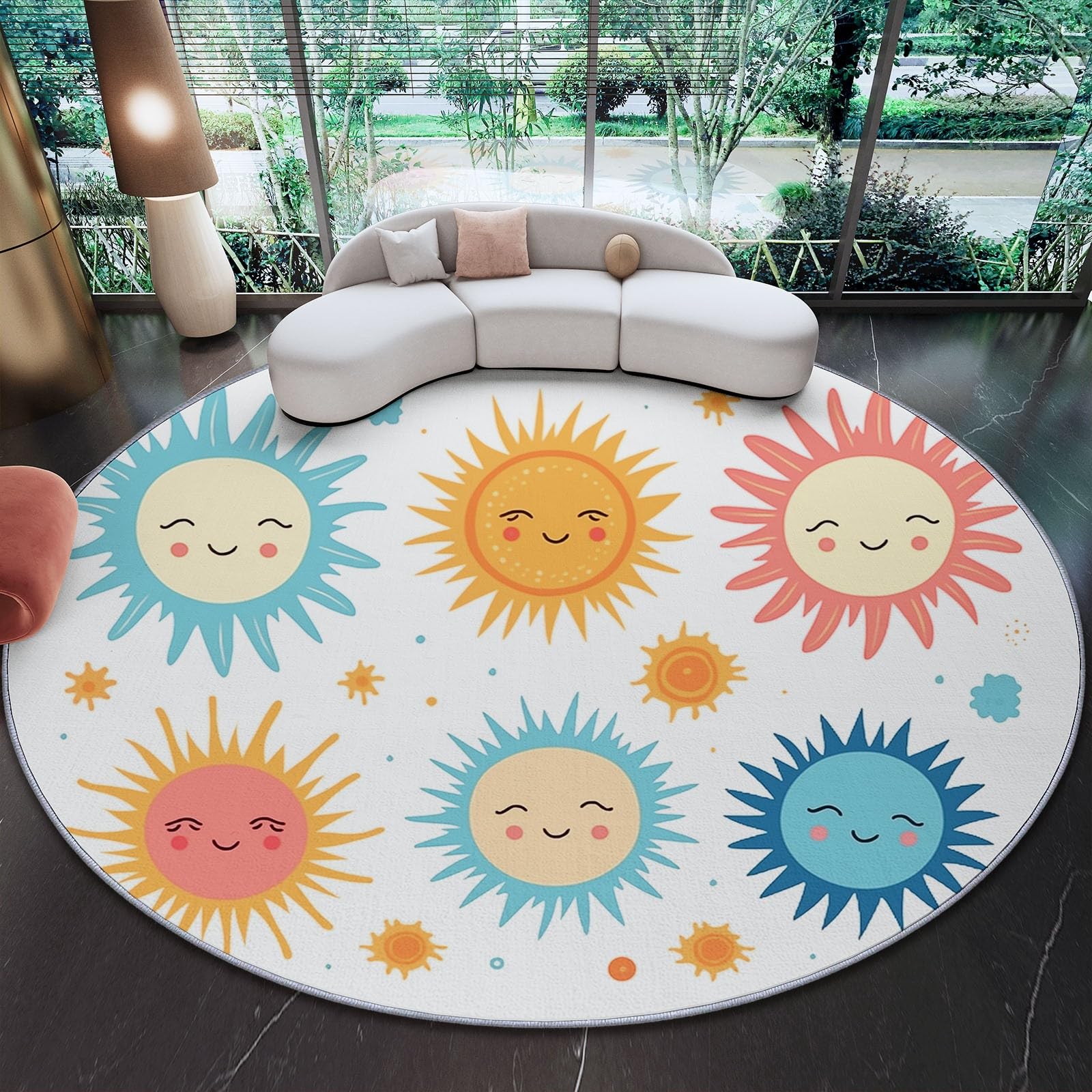 Tapis rond salon smiley 150 cm : la solution anti-glisse colorée pour sols froids et tristes
