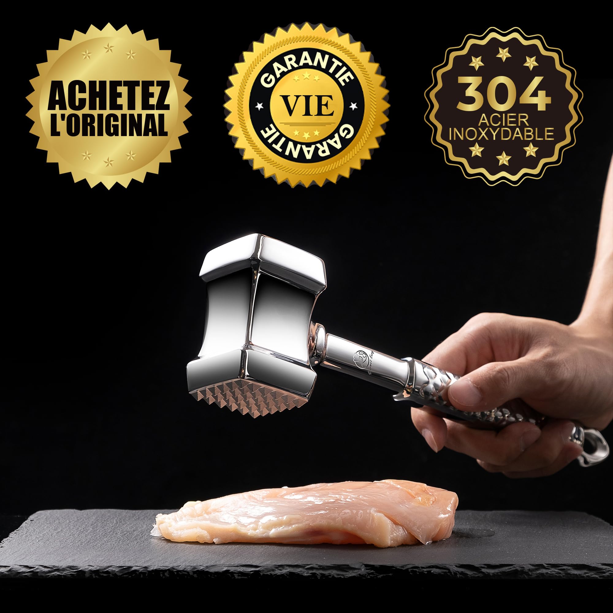 Attendrisseur de viande en inox - Marteau à viande double face professionnel - Gourmet Easy