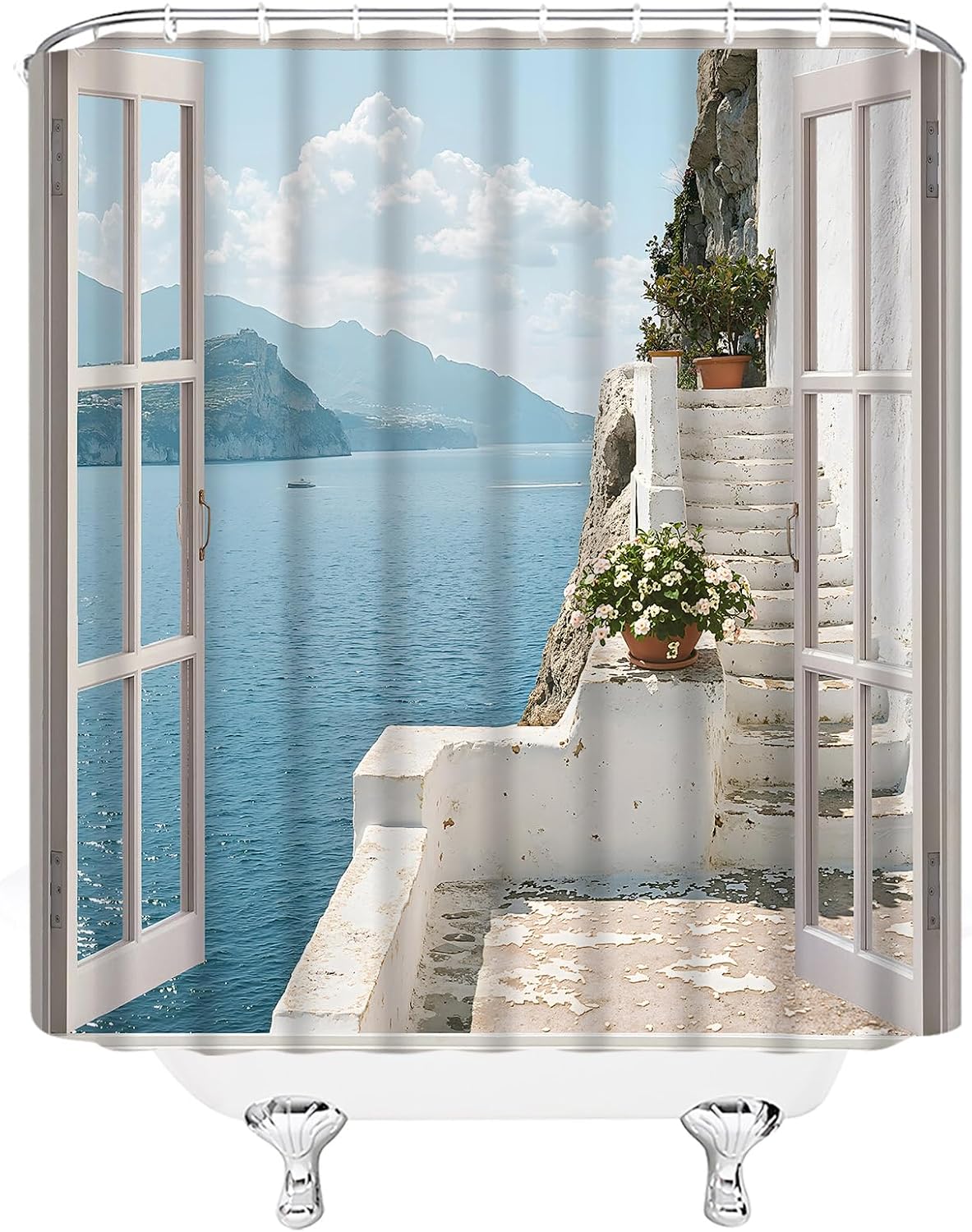 Italy Coastal Scenery Shower Curtain Ocean Beach Mediterranean White Wood Window Sea Traditional Italian Cliff Coastline Tuscany Mountain Fabric Bathroom Decor Set with Hooks(70" WX70 H)