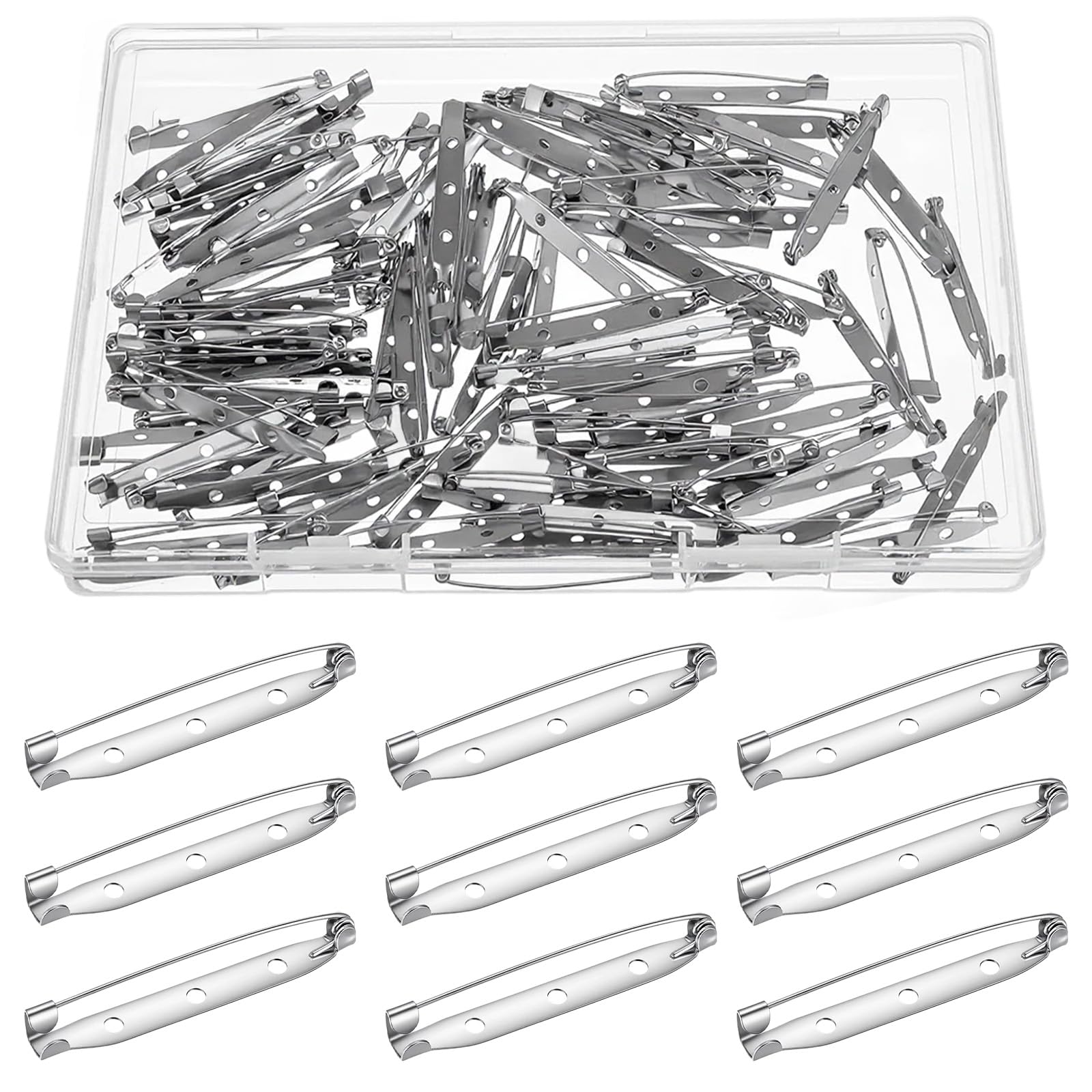 100 Pcs 45mm Silver Bar Pins with Secure Locking Clasp - 1.7 Inch Brooch Pin Back for Badges, DIY Craft, Sewing, Baby Shower, Badge Name Tag - Pin Backs for Crafts DIY Jewelry Making