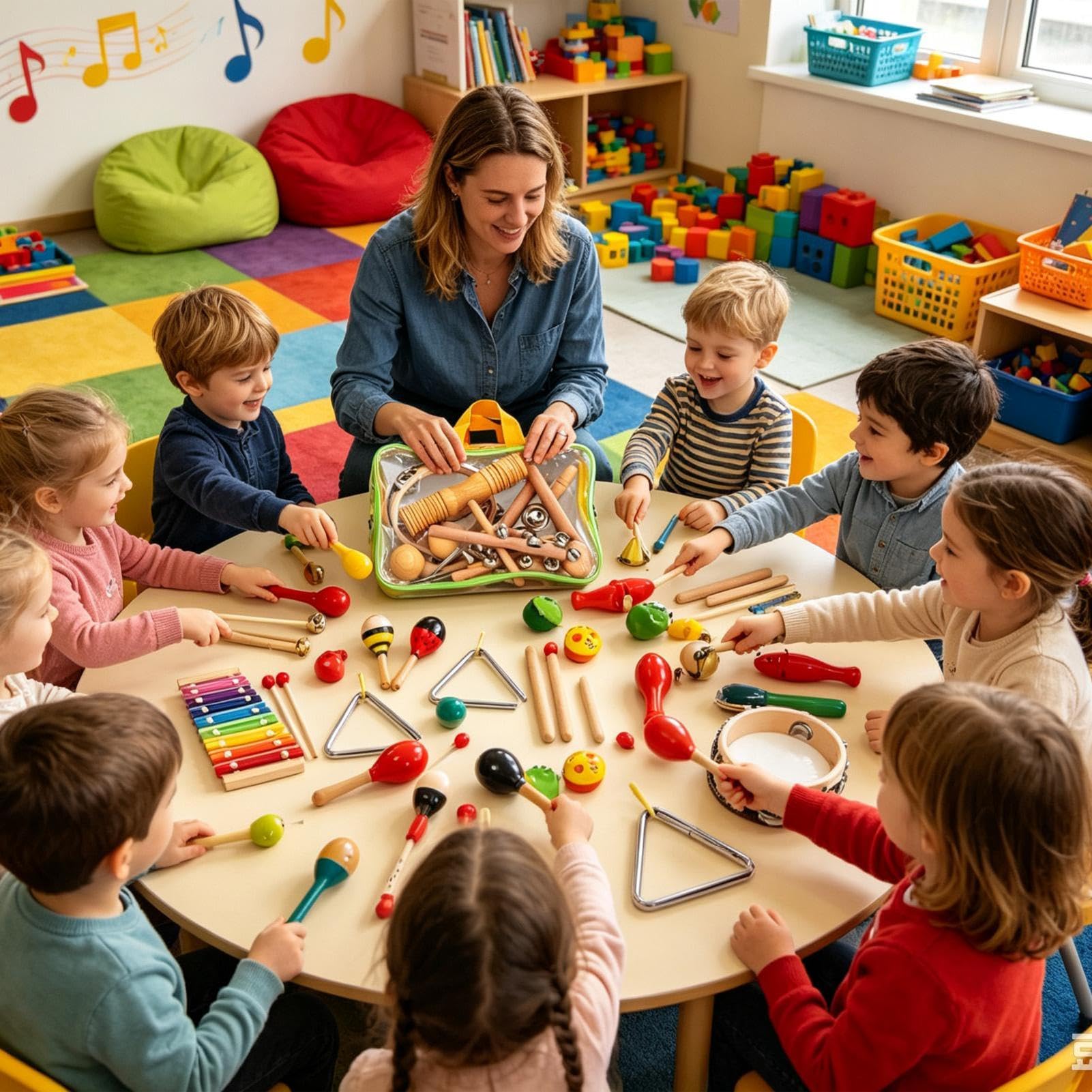 Kids Musical Instruments - Wooden Percussion Toys, Tambourine Xylophone