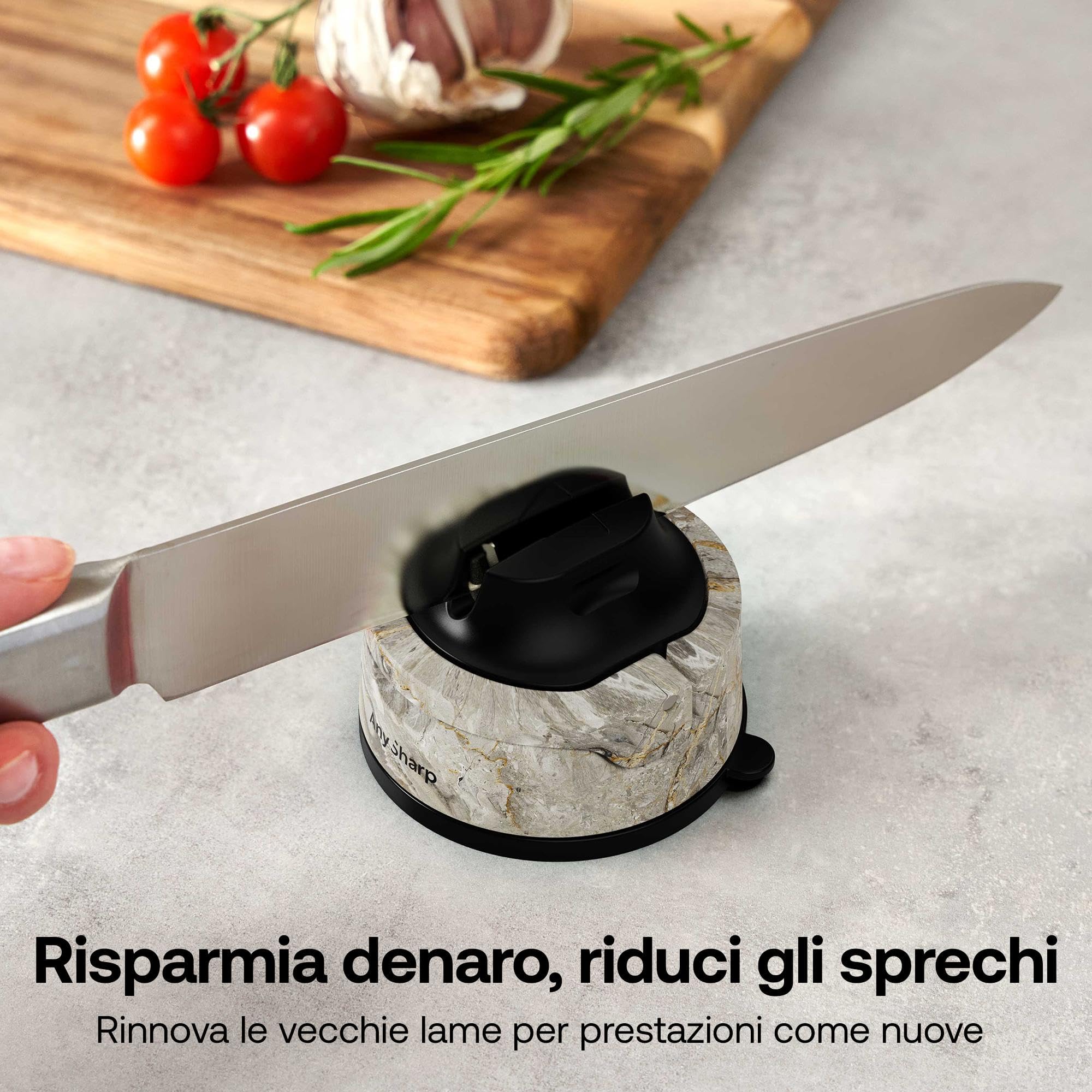 AnySharp Evo Affilacoltelli, Sicurezza Mani Libere, Potente Suzione PowerGrip, Affila Sicuramente Tutti i Coltelli da Cucina, Ideale per Acciaio Temperato e Dentati, Il Migliore del Mondo, Pietra