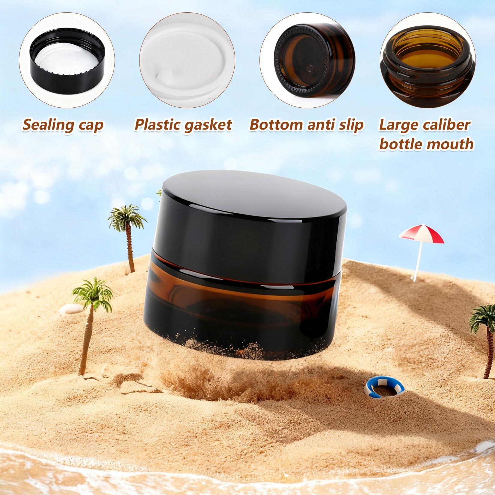17 Pcs Frascos de Vidrio con Tapa Pequeños, ámbar Tarros de Cristal 5ml, Tarros Vacios para Crema, frascos para cosmeticos lociones de viaje, envases de muestra + 5 cucharas, 25 pegatinas — view 3