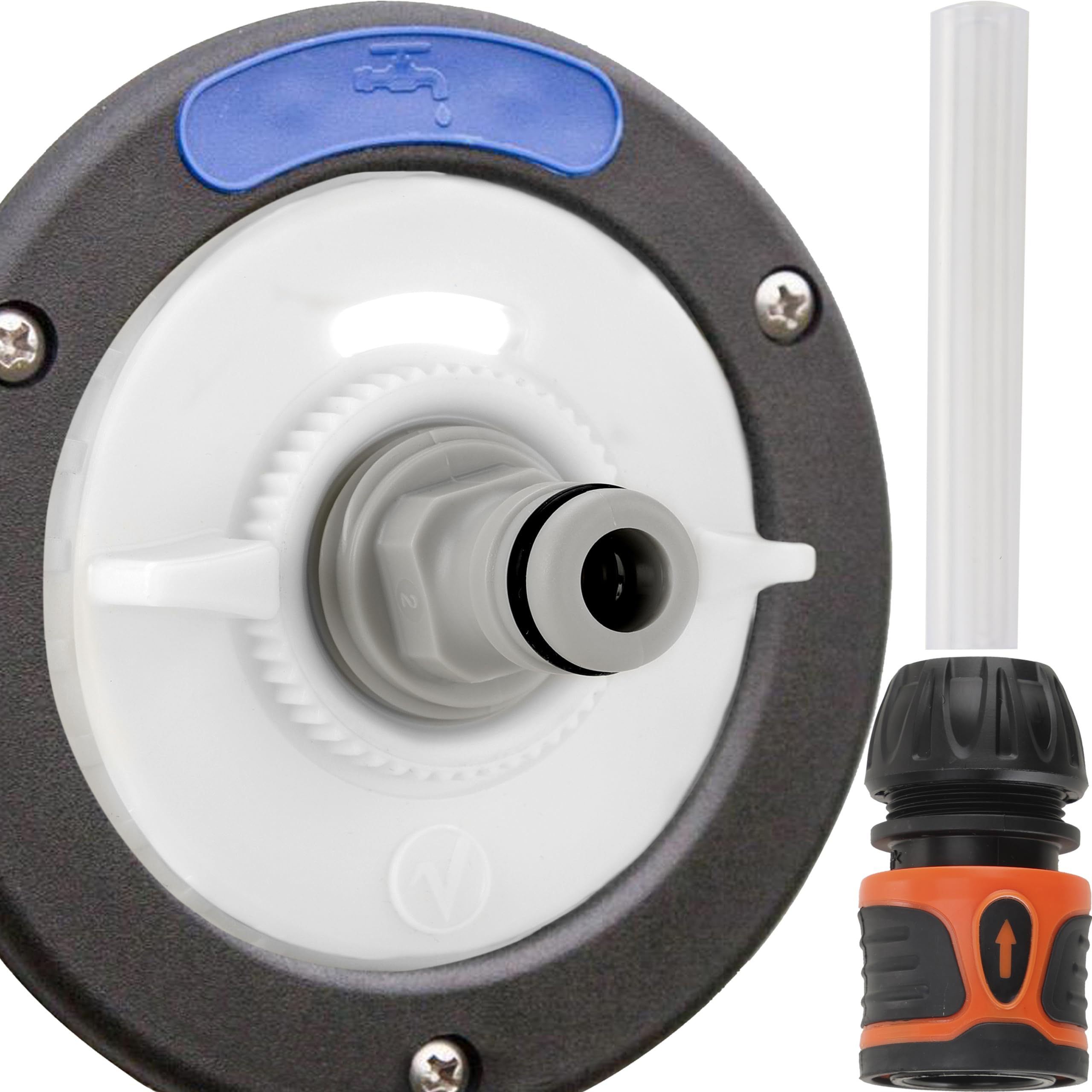 valuents® Wassertankdeckel 3 Pins 78mm Durchmesser – weiß – für Wohnmobil mit Schlauch für Wassereinfüllstutzen +Plus: Adapter für Wasserschlauch