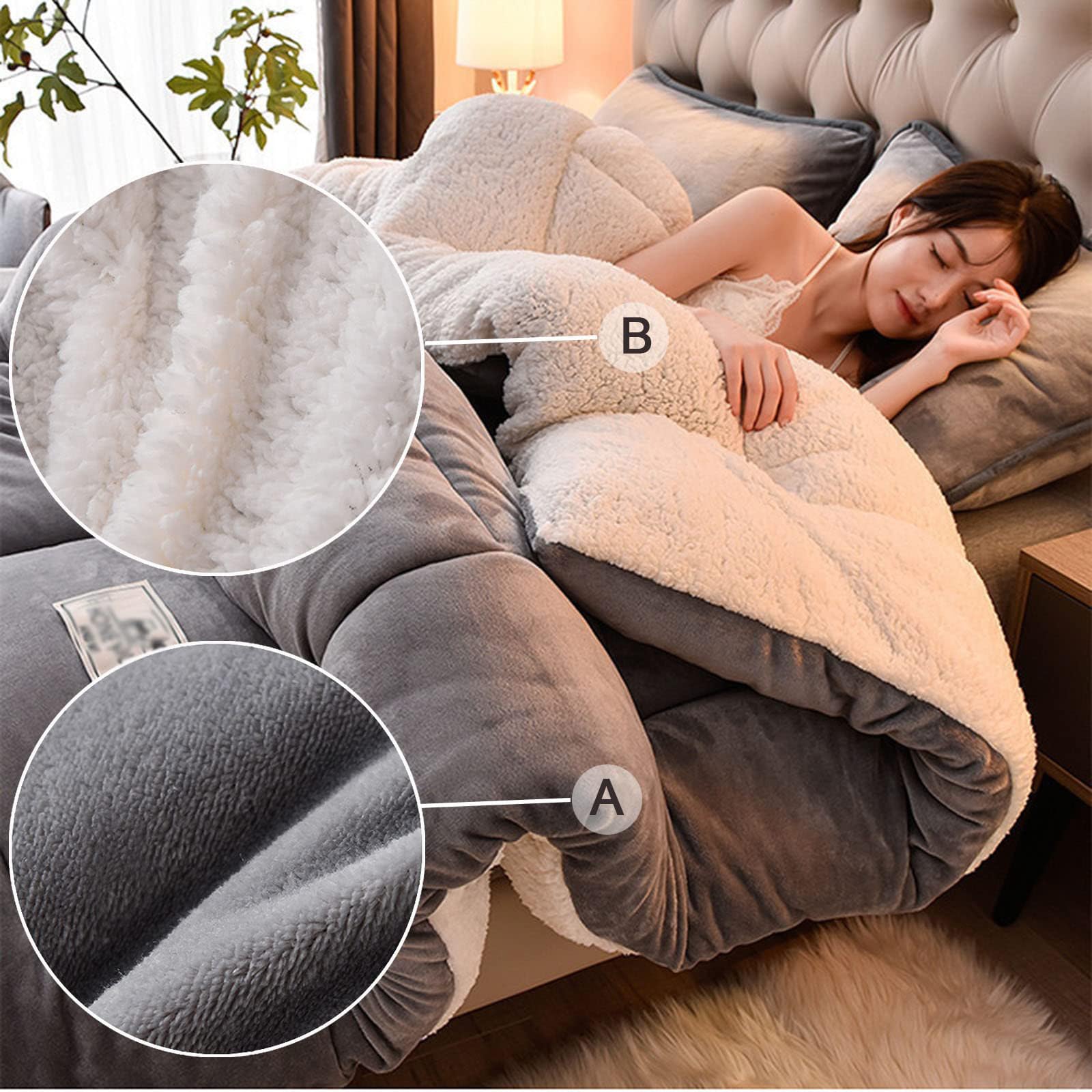 ZMIN Trapunta Matrimoniale in Lana di Agnello Super Calda, Coperta Invernale, Trapunta in Velluto A Doppia Faccia, Addensato, Caldo Autunno-Primavera in Peluche,D,220x240cm(5kg)