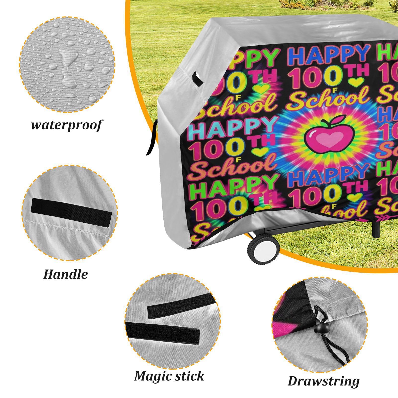 Copertura per barbecue da 165 cm, resistente allo sbiadimento e ai raggi UV, per barbecue all'aperto, copertura tie dye Happy 100th Day Of School