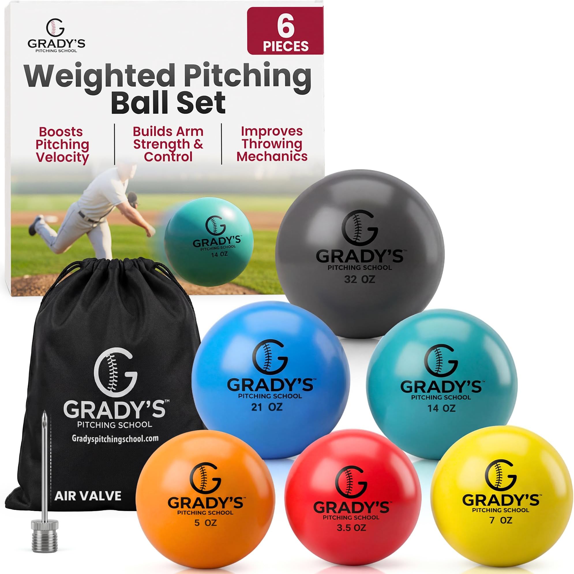 Grady's Pitching School Weighted Velocity Training Ball Set – Seam & Seamless Options for Pitching & Arm Strength + Set of 6 Balls + Carrying Case