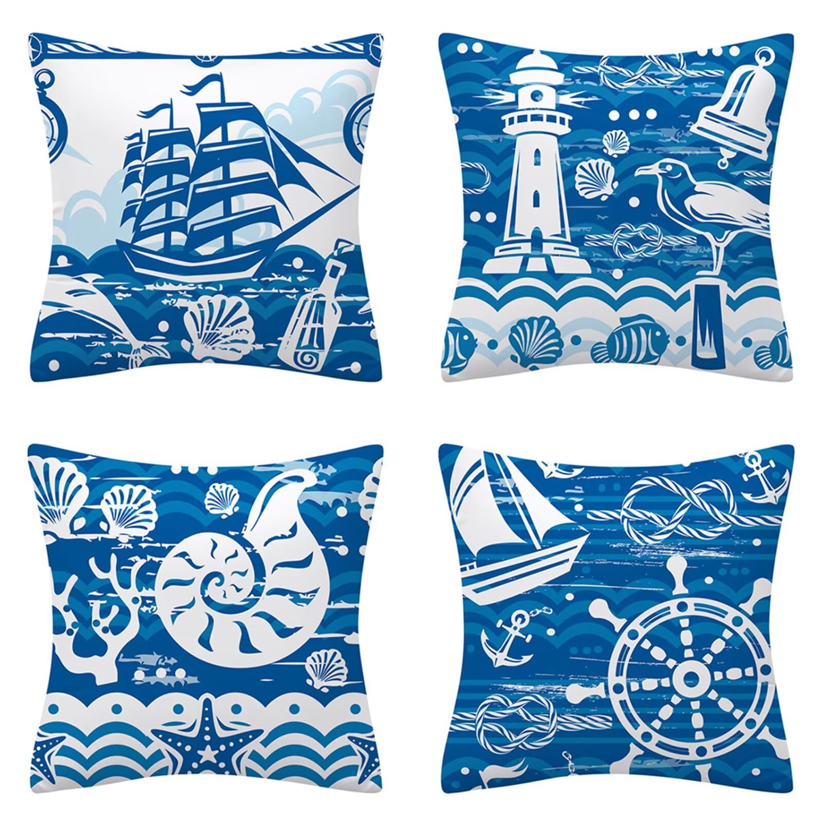 Juego de 4 Impermeable Funda de Cojín Vela de mar Azul,55x55cm Moderno Suave Transpirables Lino Fundas de Almohada Cojines Decorativos con Cremallera Oculta para Exterior Sofá Cama Coche Hogar