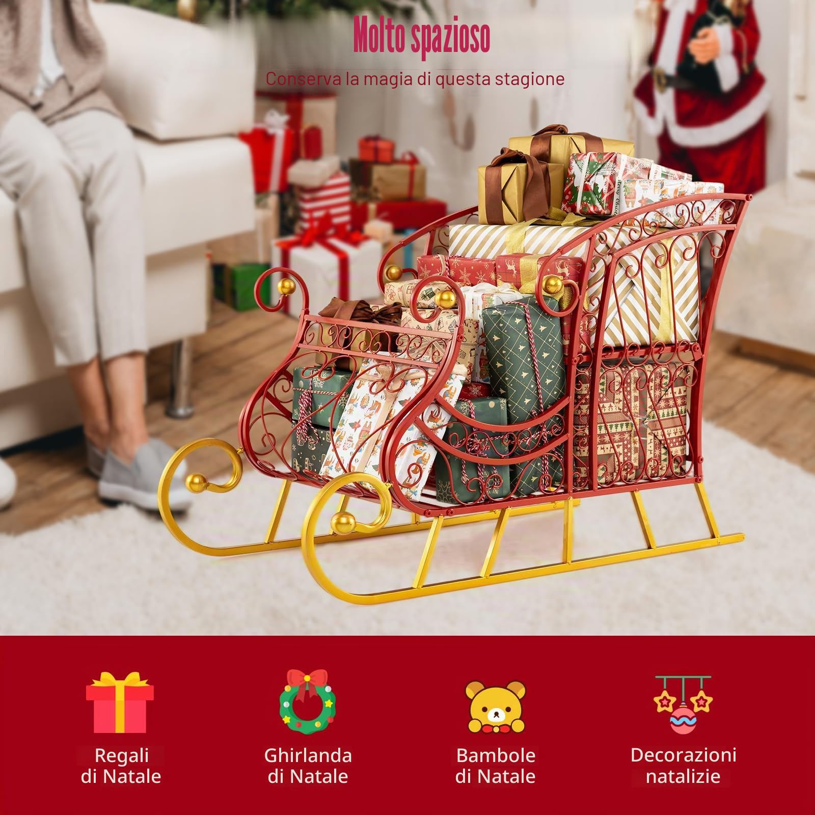 SOARS Decorazioni Natalizie, Slitta Natalizia in Metallo, Ampio Spazio per Regali di Natale, Giocattoli, Stabile, Addobbi Natalizi per Esterno Interno per Casa, Ufficio (85 X 42 X 61,5 CM)