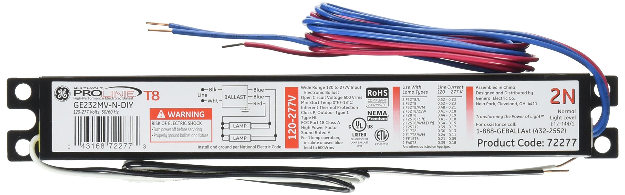 GE 72277 GE232MV-N-DIY LFL ProLine Electronic Multivolt Instant Start Ballast for 2 or 1- F32T8