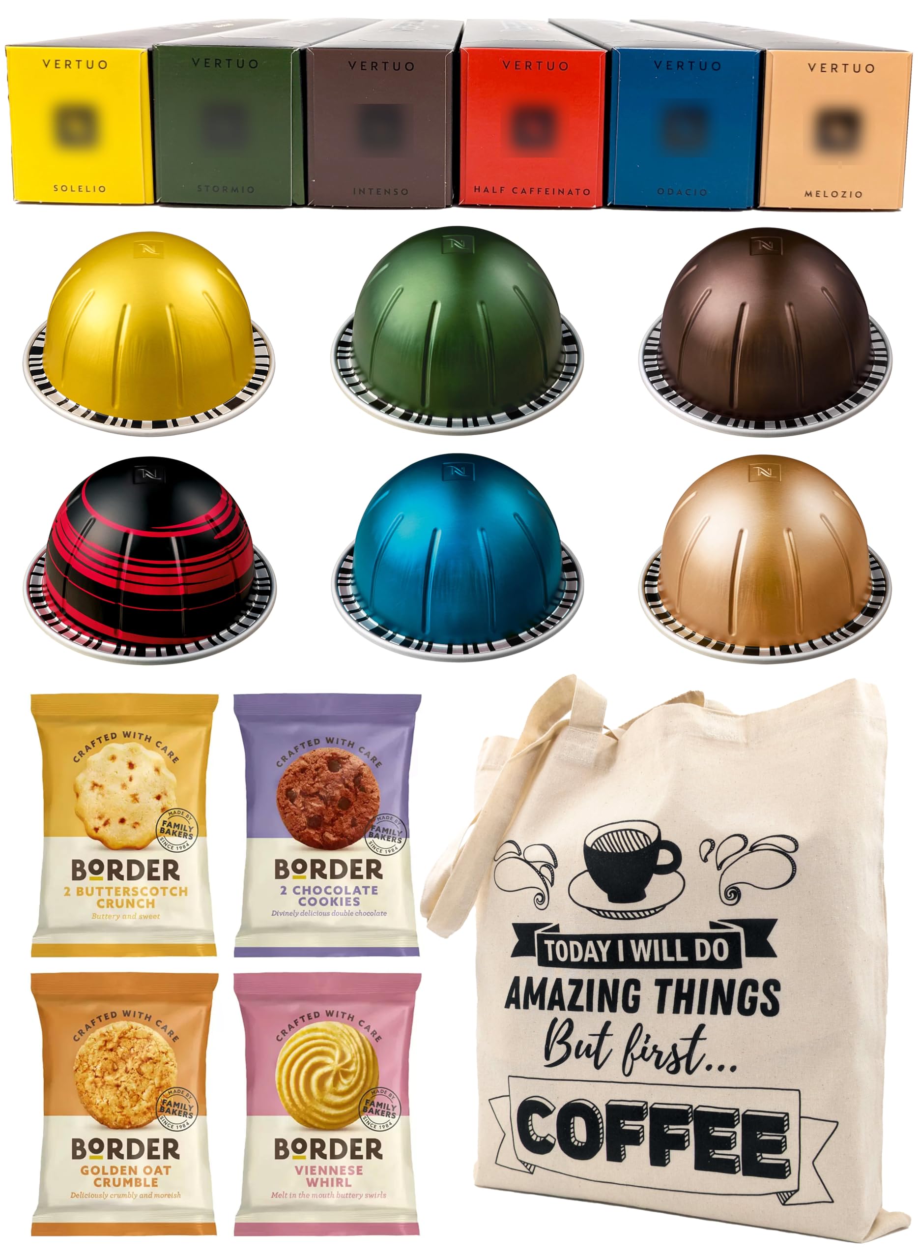 Coffee Pod Variety Pack for Nespresso Vertuo Machine - Solelio, Half Caffeinato, Intenso, Stormio, Melozio, Odacio - 6 Boxes (60 Pods) Bundled with Border Biscuits and Reusable Tote Bag
