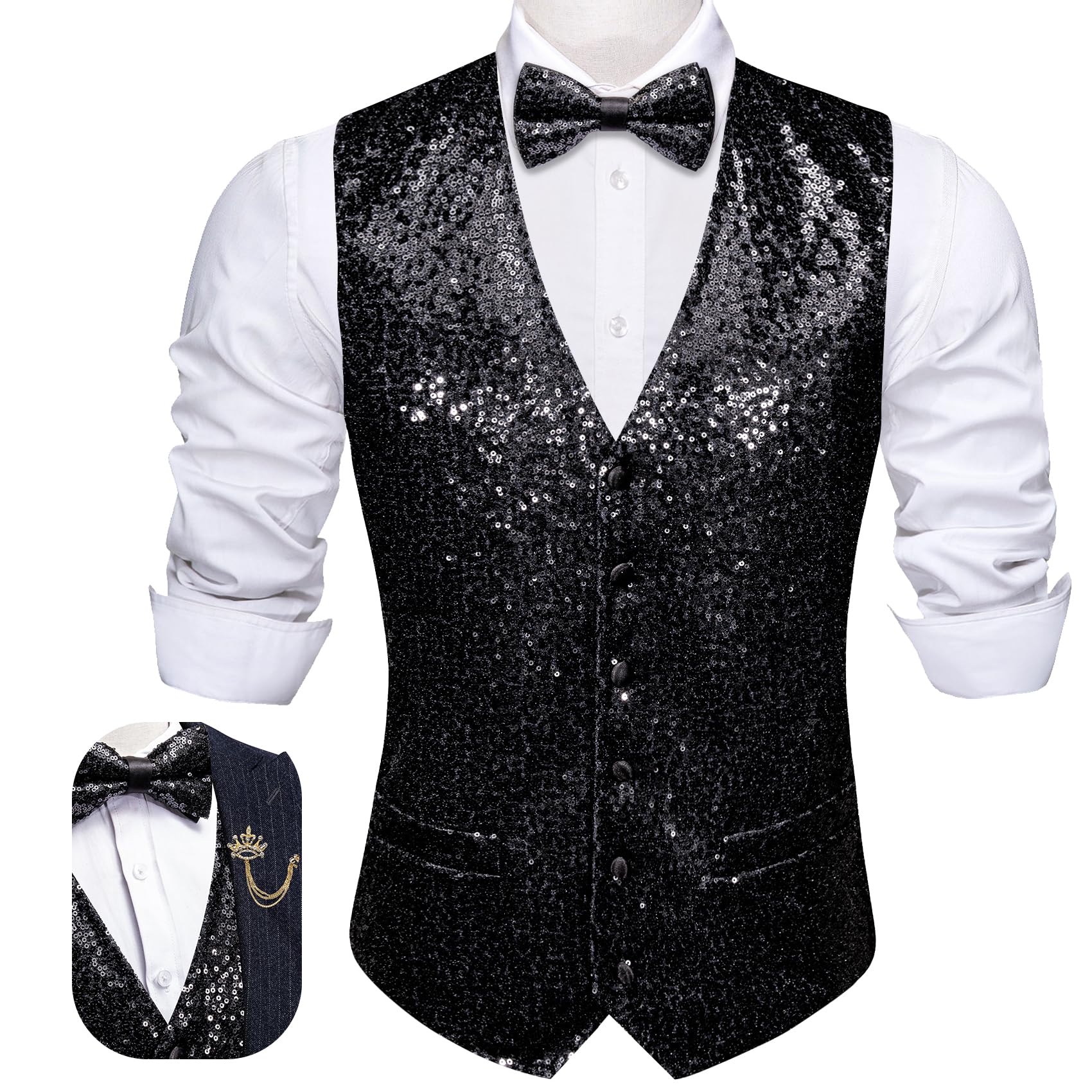 Barry.Wang Gilet da uomo con paillettes, gilet, papillon con risvolto, con scollo a V, per feste di fine anno, smoking, matrimoni, taglie S-3XL