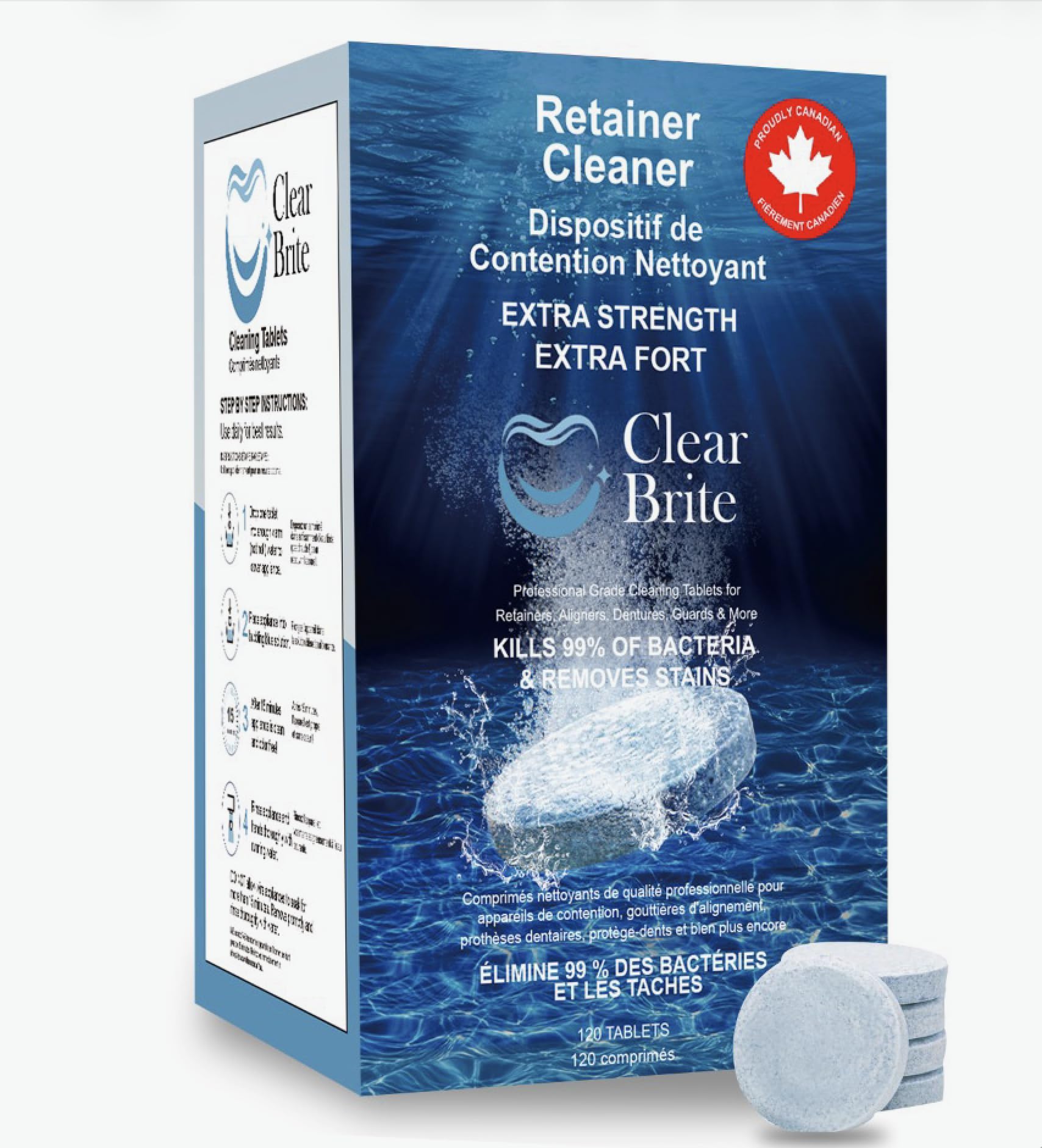 Proudly Canadian ClearBrite Naturals Retainer Cleaner Tablets, 120 Tablets (4 Month Supply), Extra Strength for Retainers, Aligners, Night Guards, Mouth Guards & Dentures