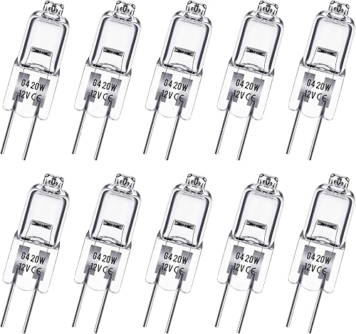 Flaspar Bombilla halógena G4, paquete de 10 bombillas regulables de 12 V 20 W, bombilla halógena de 2 pines de repuesto para luz de disco debajo del