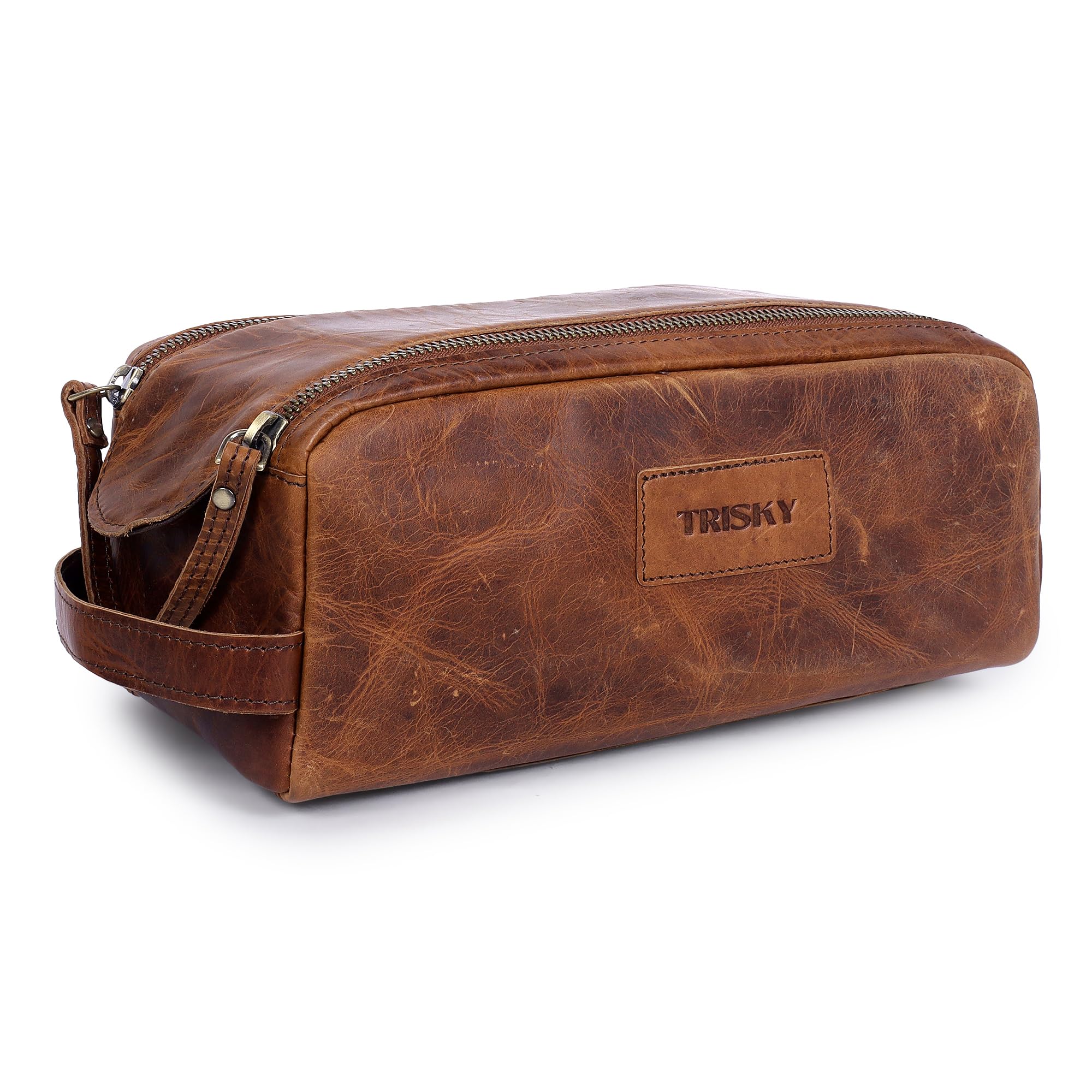 TRISKY Buffalo Leather Toiletry Bag For Men & Women- Grooming Bag For Men, Travel Pouch With Water Resistant Lining, Leather Toiletry Bags For Mens,