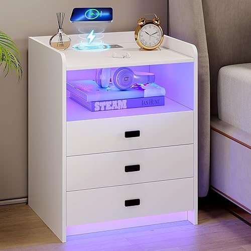 Vlsrka Mesita de noche con estación de carga, mesita de noche LED con 24 colores, mesa auxiliar moderna con 3 cajones y almacenamiento abierto, mesa