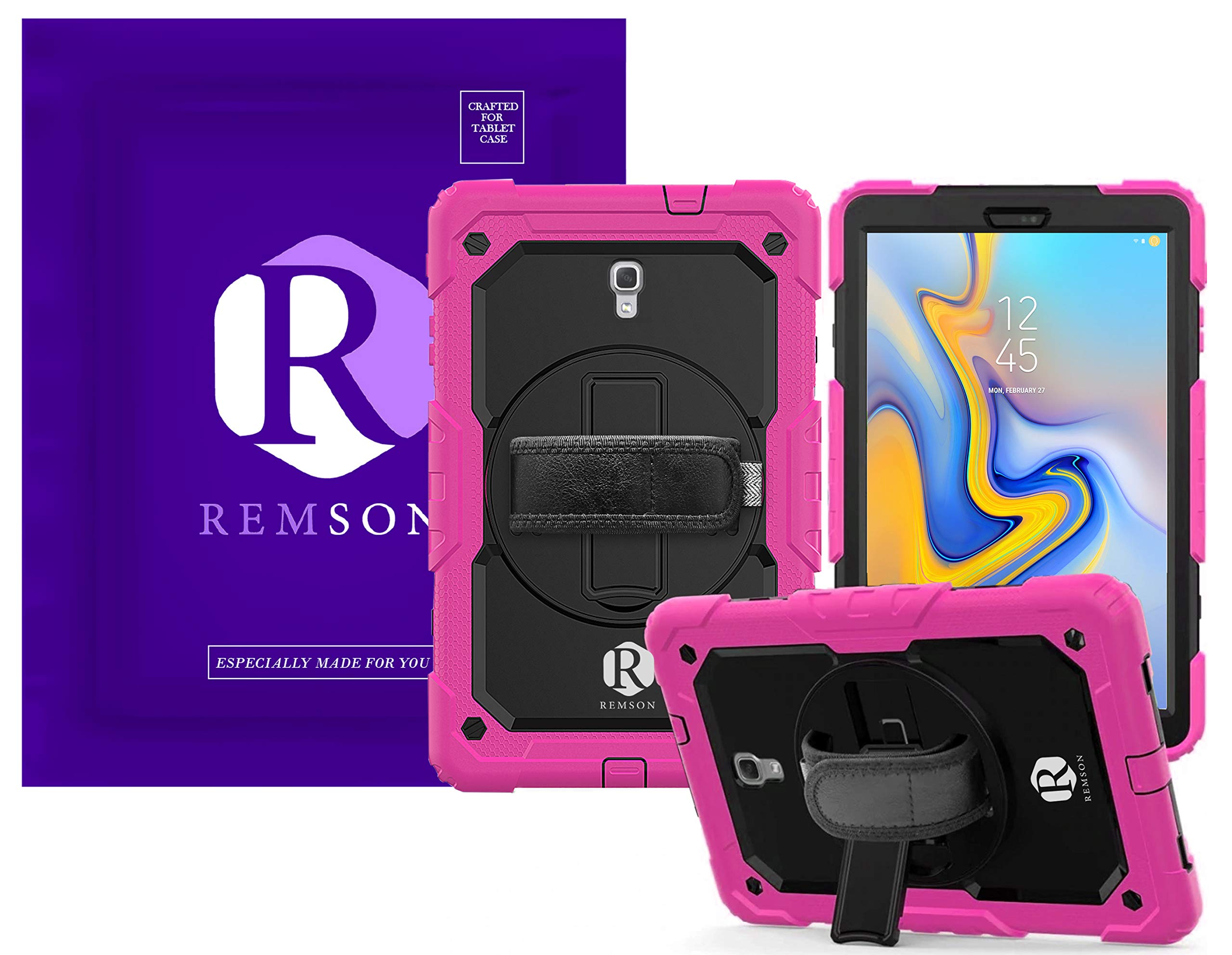 Samsung Galaxy Tab A 10.5 T590 2018 Remson Full Body Rugged Shockproof Drop Protection with 360 Rotating Kickstand/Shoulder Strap Cover (Pink)