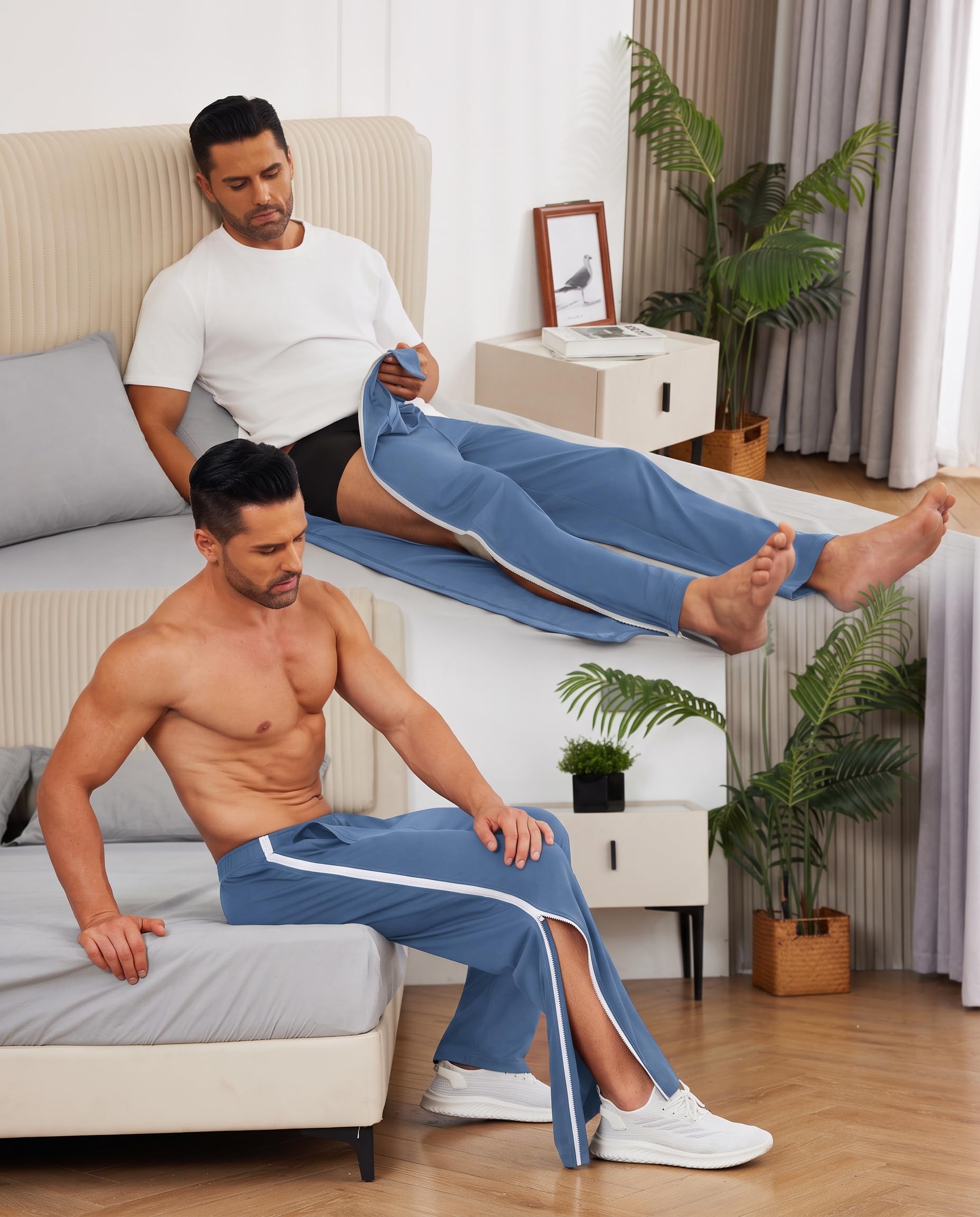 Deyeek Mens Tear Away Basketball Pants Side Zippers Snap Full Open Bottom Breakaway Sweatpants with Zipper Legs Post Surgery Pant Blue Gray