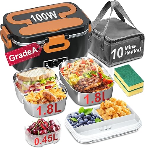 Miniatura 1 de Lonchera eléctrica para adultos  Paquete de 2 contenedores de 1.8 L de 100 W con calefacción para hombres, calentador de alimentos portátil con