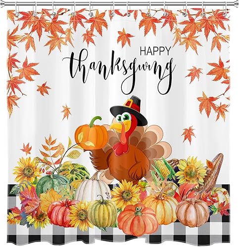 Miniatura 4 de LB Thanksgiving Turkey Shower Curtain for Bathroom,Autumn Harvest Pumpkin Sunflower Floral and Maple Leaf Fabric Shower Curtain with Hooks,Farmhouse