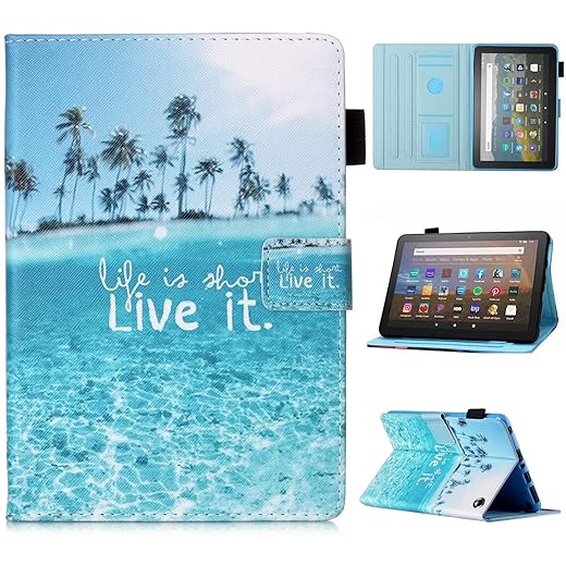 MonsDirect for Amazon Kindle Fire HD 8 & 8 Plus Case (10th/12th Generation 2020/2022 Release), PU Leather Stand Cover, Auto Wake/Sleep with Pen Holder for Fire HD 8/8 Plus 2020/2022, Blue Forest