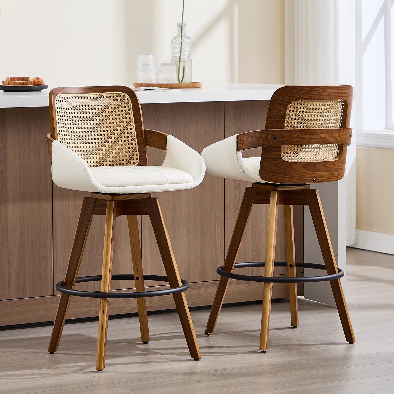 VipDesk Swivel Bar Stools Set of 2, Faux Leather Counter Height Bar Stools with Arms and Rattan Back, 26" Seat Height Upholstered Bar Chairs with