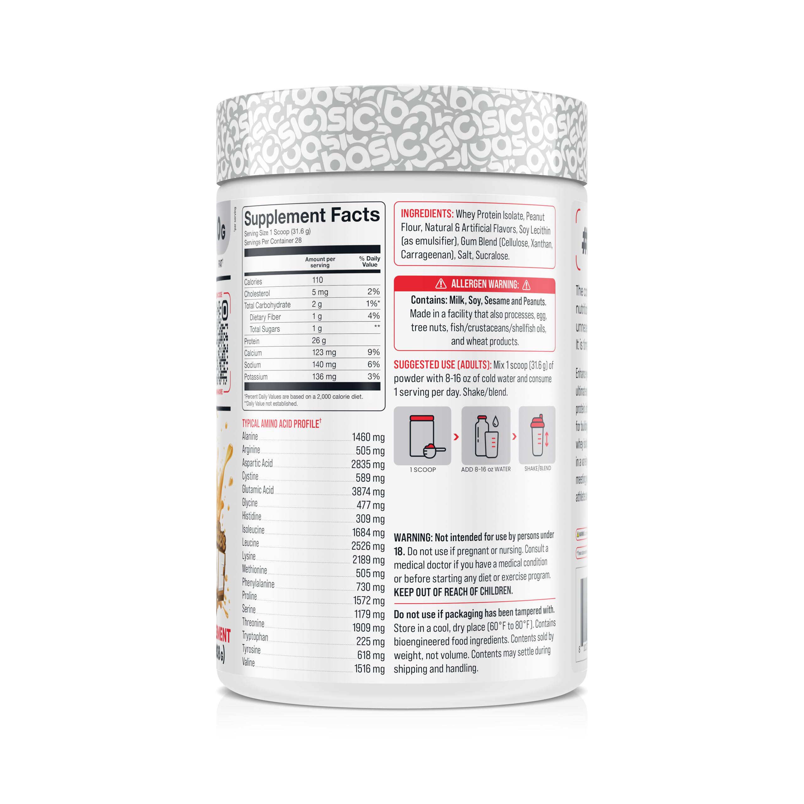 BASIC SUPPLEMENTS Basic Whey Protein Isolate, 26g Protein, 0g Fat, Gluten-Free, RBST-Free, Rapid Absorption, 110 Calories (2 Pound, Peanut Butter Cookie)