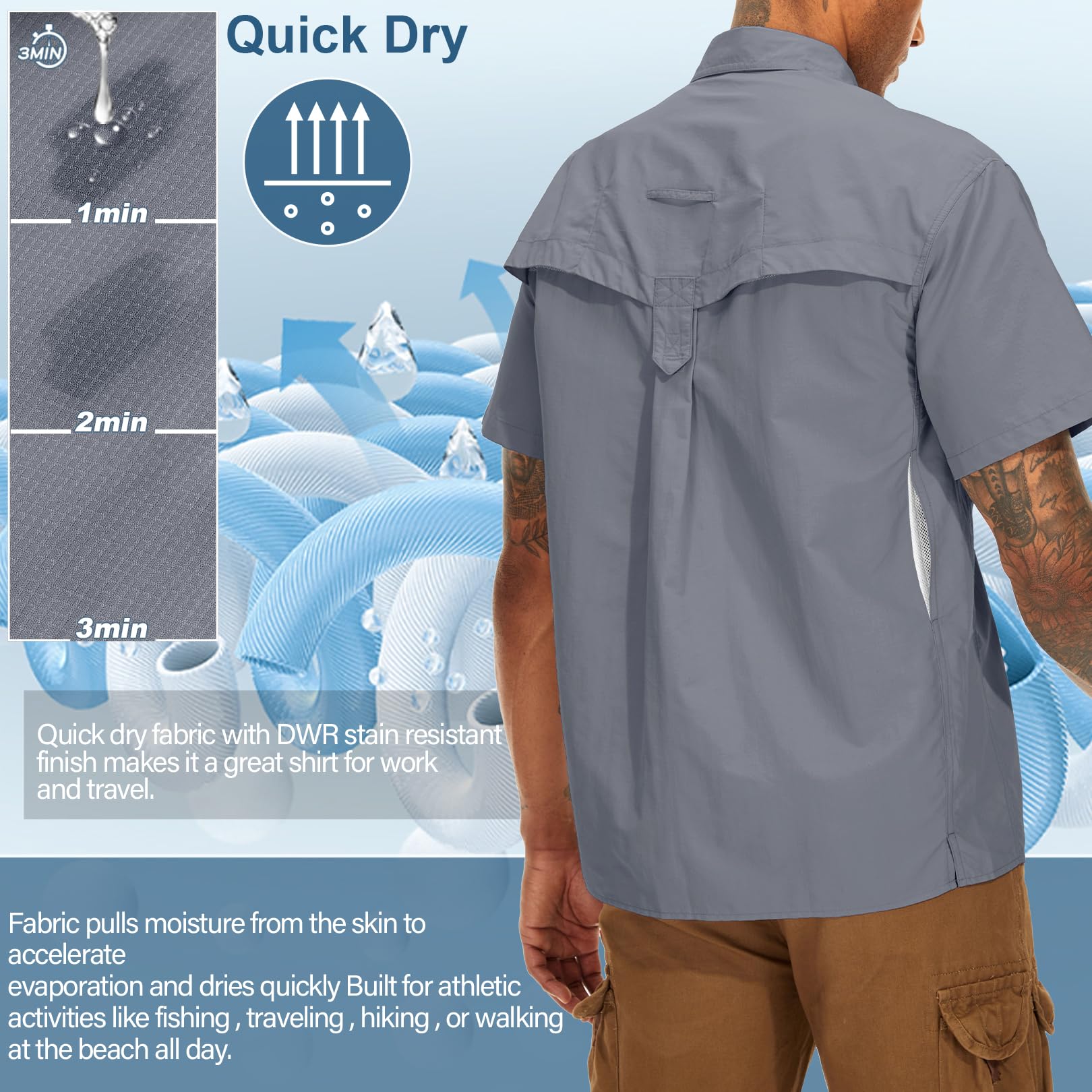 Hemd Herren Kurzarm Safari UPF50+ UV Schutz Wanderhemd Funktionshemd Atmungsaktiv Schnelltrocknend Outdoorhemd Casual Button Down Shirts