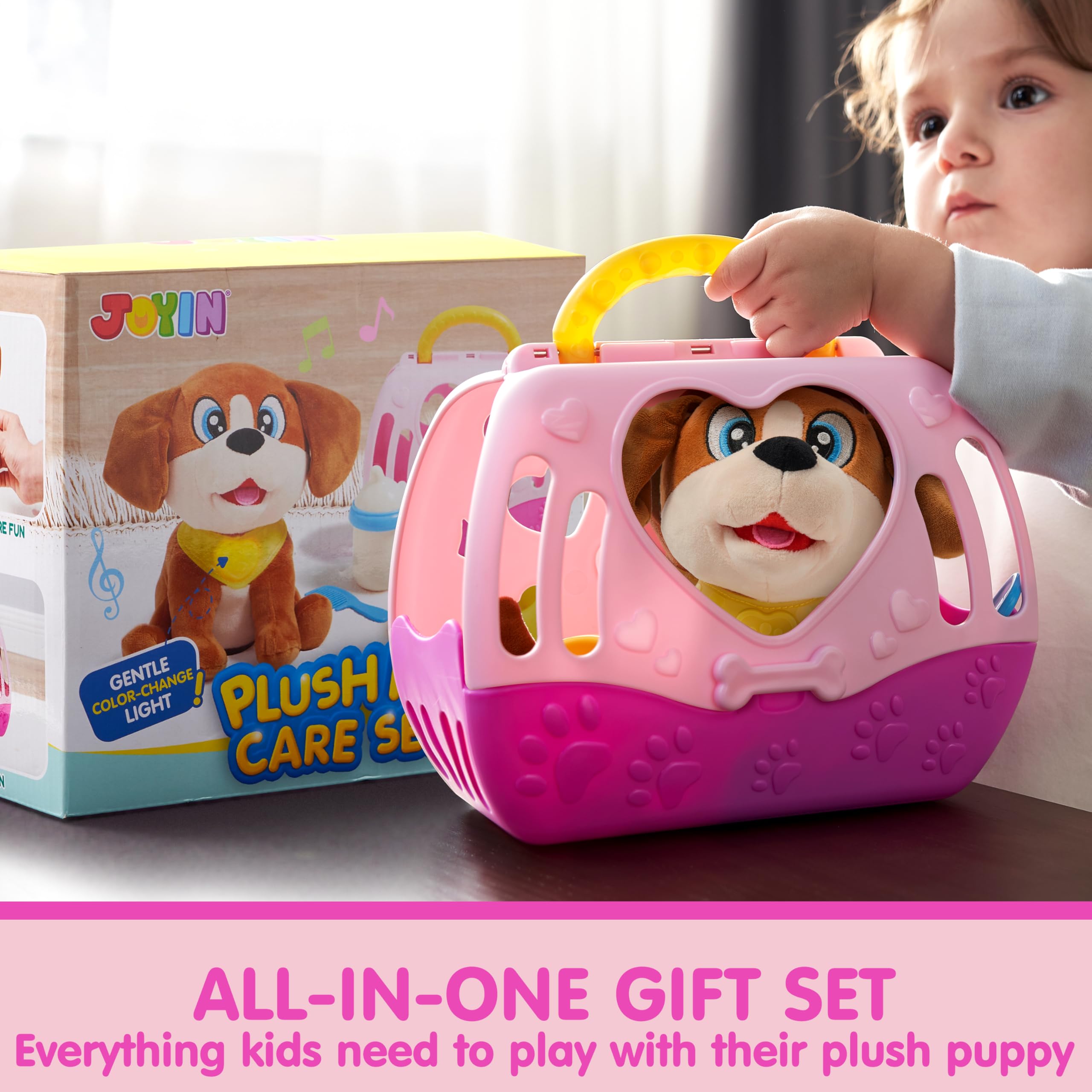 JOYIN Juguetes de peluche para perros para niños, juguete interactivo para cachorros con luces y sonidos, juguetes para el cuidado de mascotas con transportador y accesorios, juego de simulación para