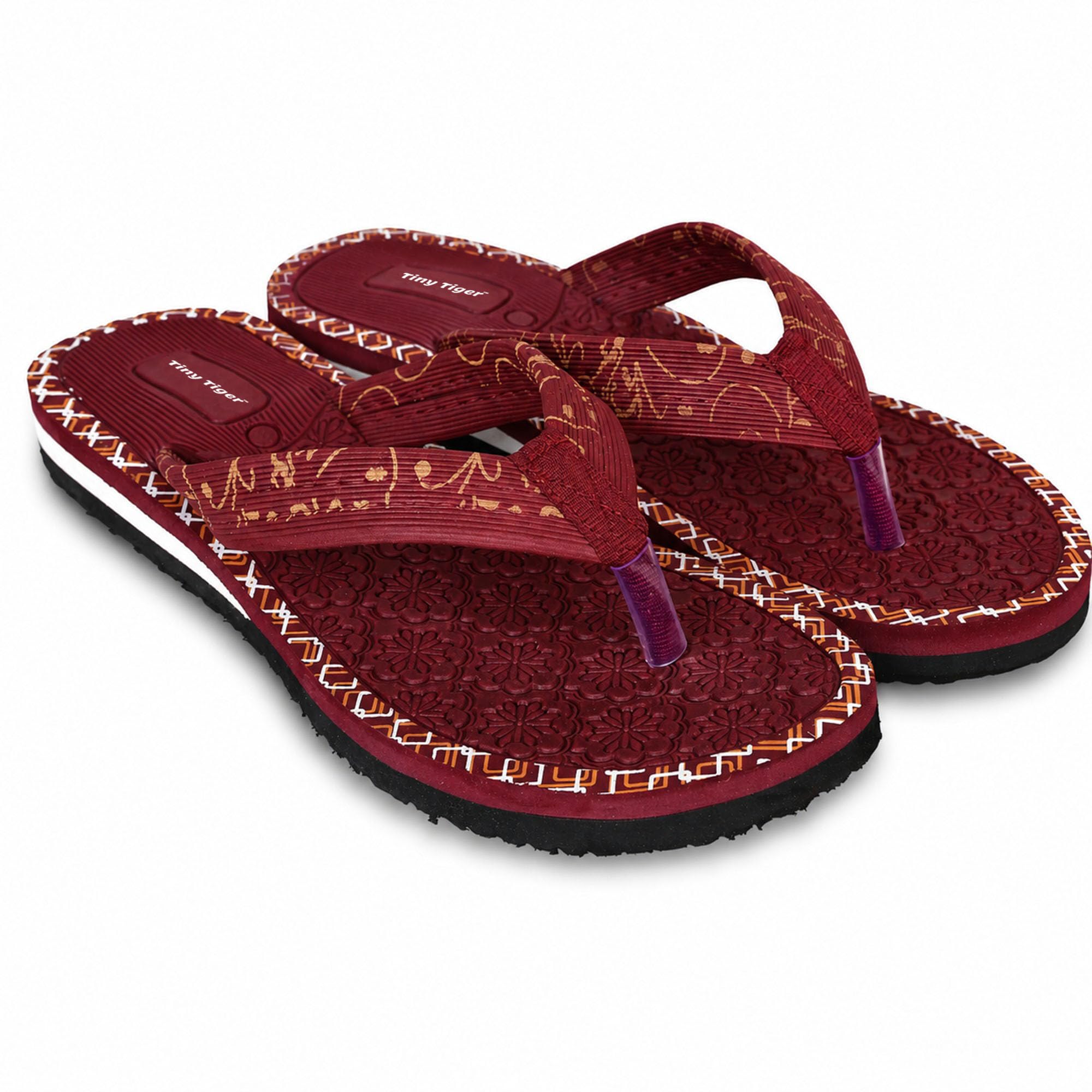 Women's Maroon Printed Flip Flops | Floral Textured Thong Slippers for Casual, Ethnic, Daily Wear & Outdoor Use Size 8-image-42