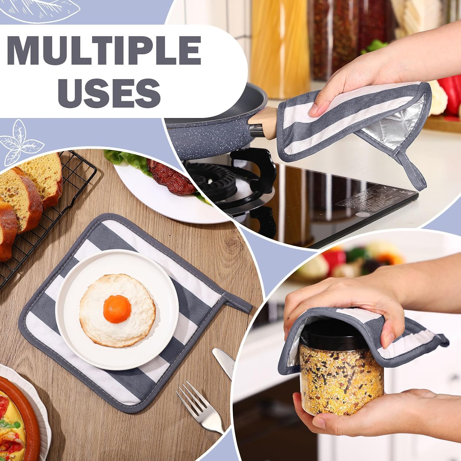 4 Pcs 8"x8" Pot Holders for Kitchen Oven Hot Pads Bulk, Potholders Dorm Essentials First Day of School Back to School Heat Resistant Terry Cloth Outdoor Dining Baking Cooking BBQ Gift(Gray Beige)
