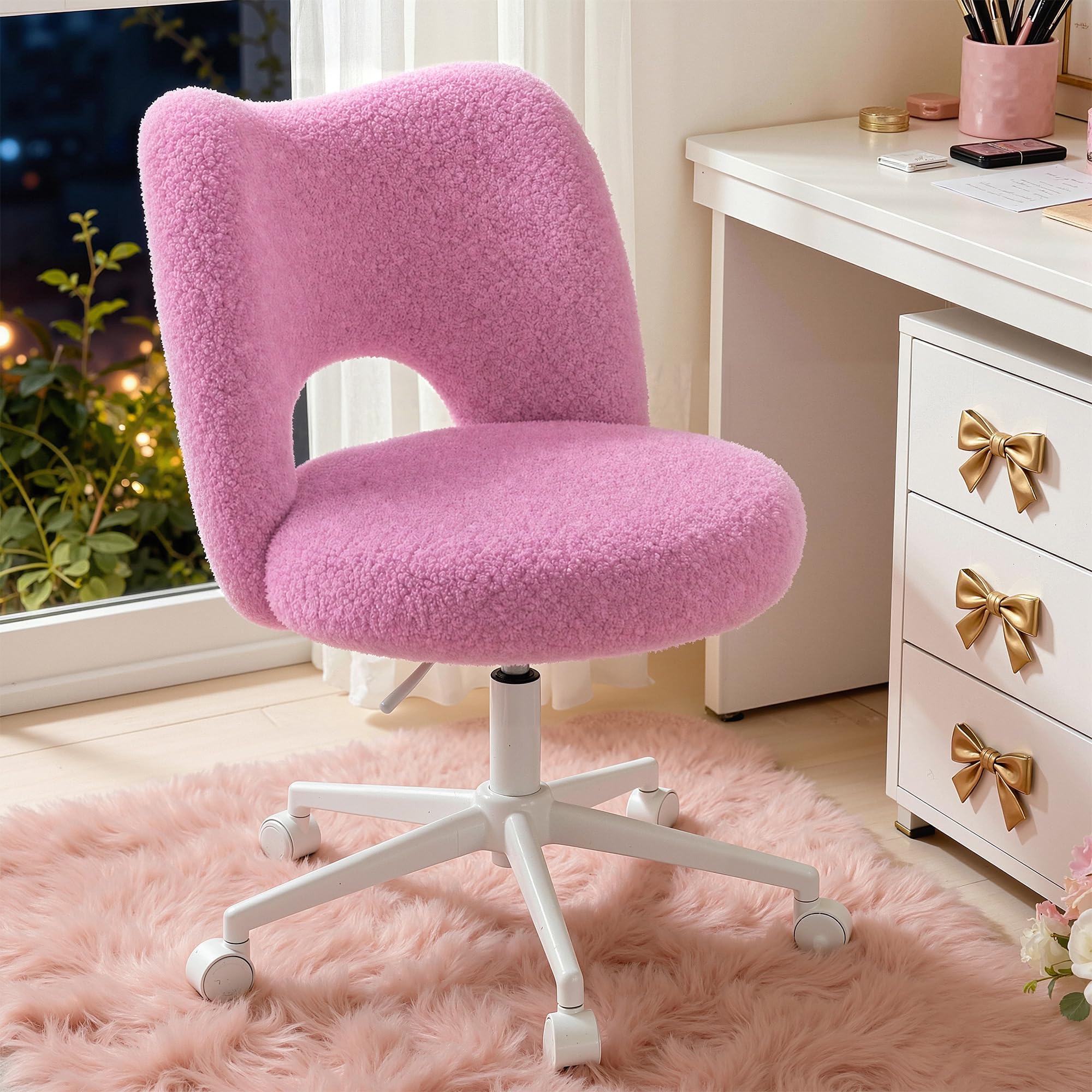 Cliporix Cat Ear Vanity Chair with Wheels, Fluffy Teddy Fleece, Purple
