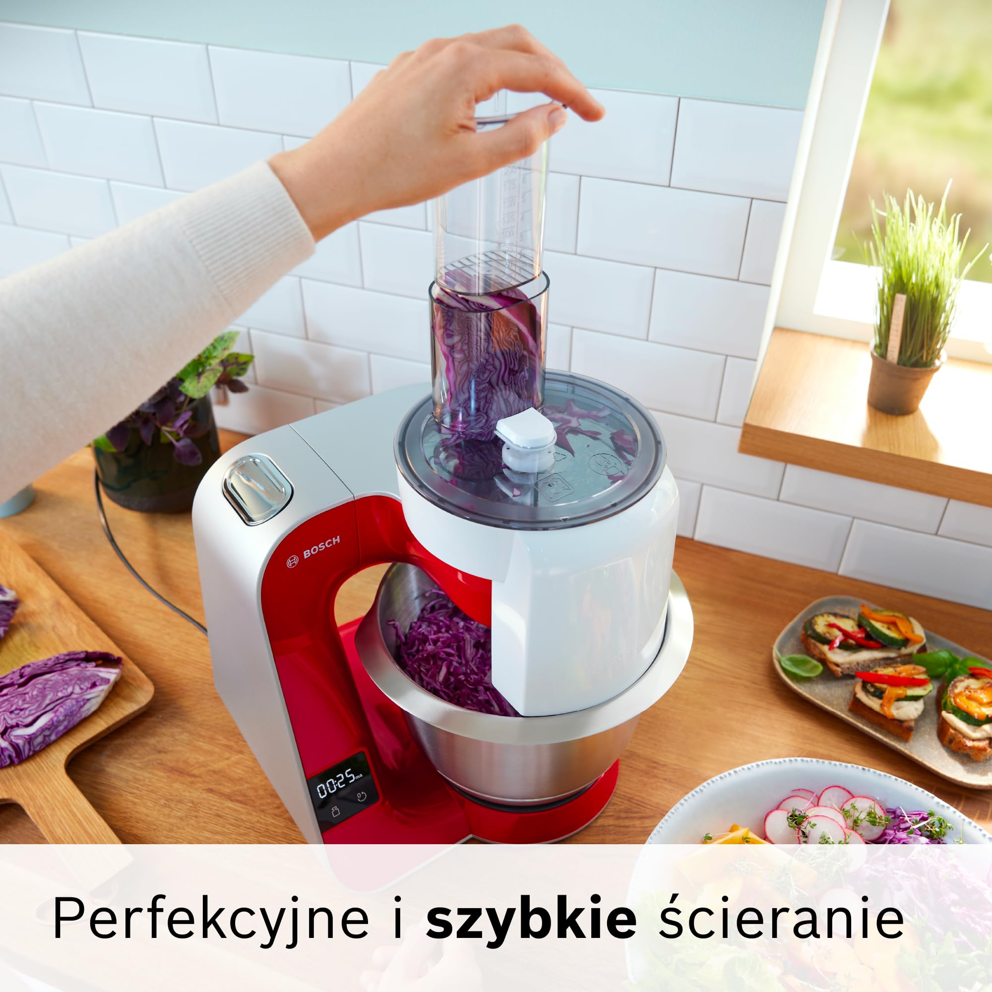 Bosch, mikser stojący, MUM5, 1000 W, 7 ustawień prędkości, miska ze stali nierdzewnej 3,9 l, zestaw do ciast w zestawie, waga, timer, blender, ciągła szatkownica z czterema dyskami, czerwony, MUM5X720