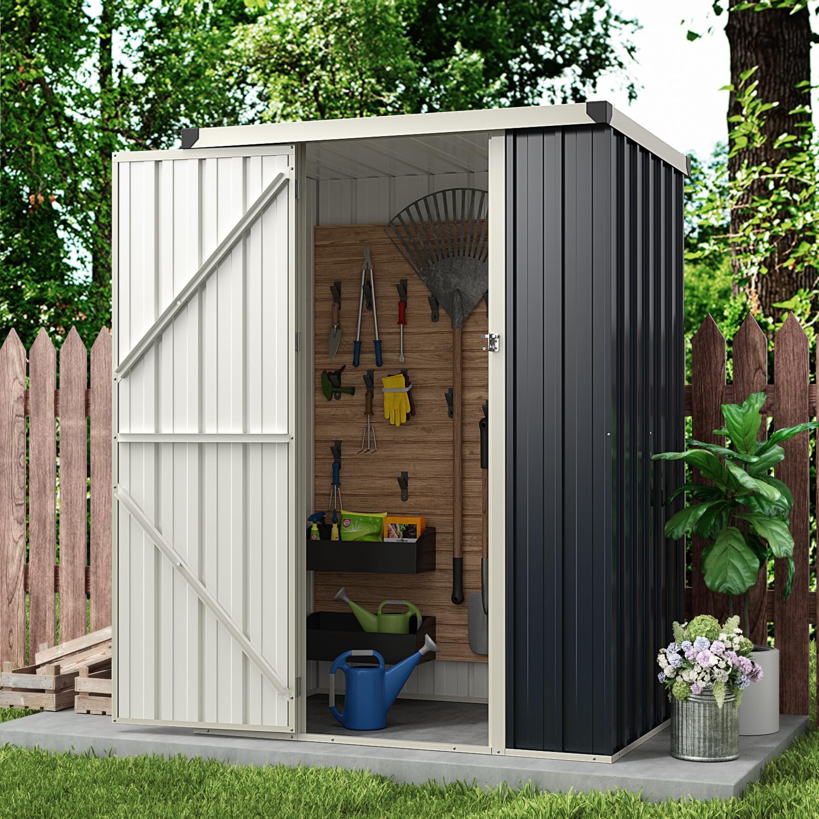COSTWAY Gartenhaus Metall, Geräteschuppen mit Pultdach & abschließbarer Tür & Schloss, 117 x 89 x 162 cm Garten Schuppen Outdoor, Gerätehaus wetterfest für Garten, Rasen, Grau
