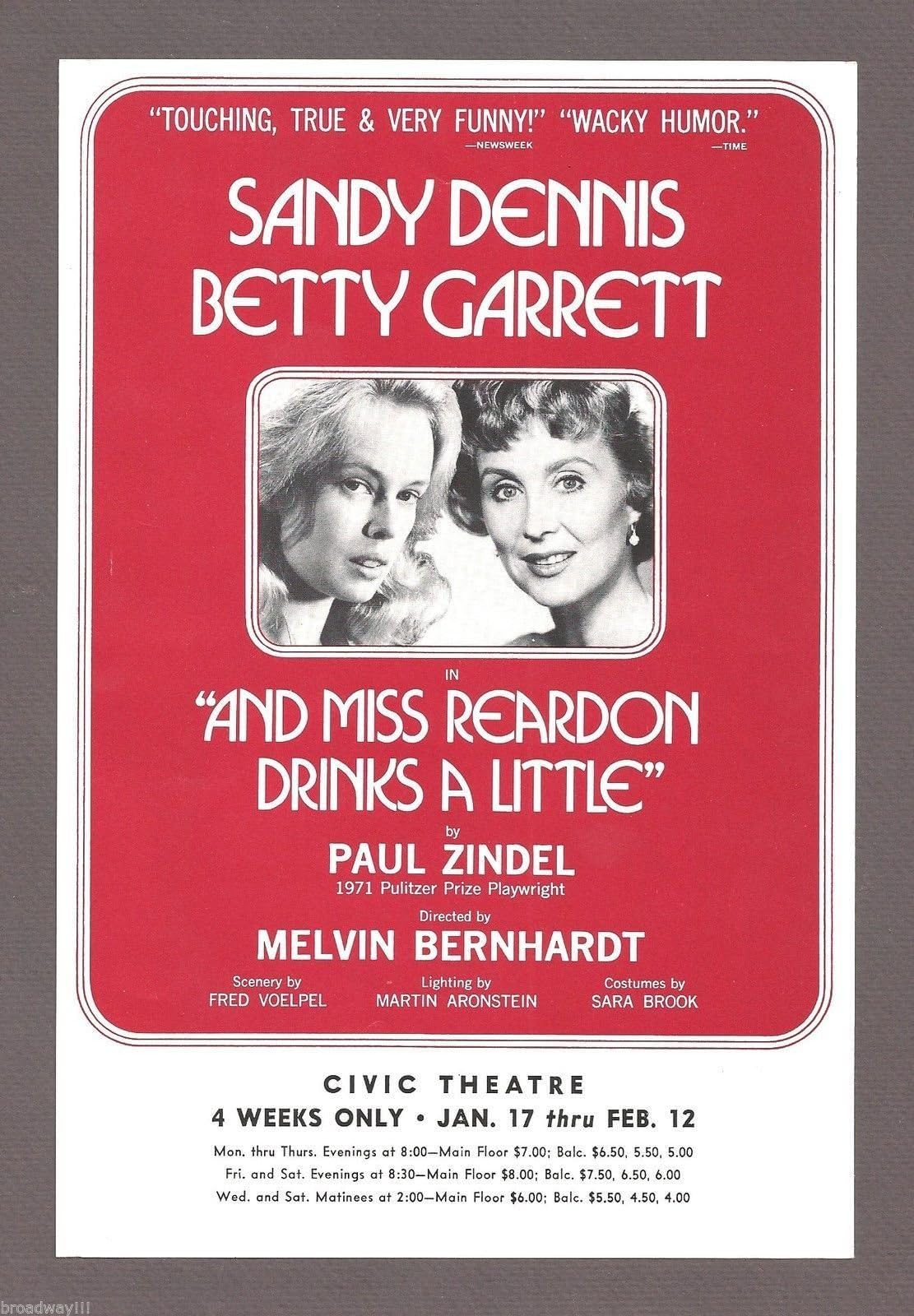 Sandy Dennis "AND MISS REARDON DRINKS A LITTLE" Betty Garrett 1972 Tour Flyer