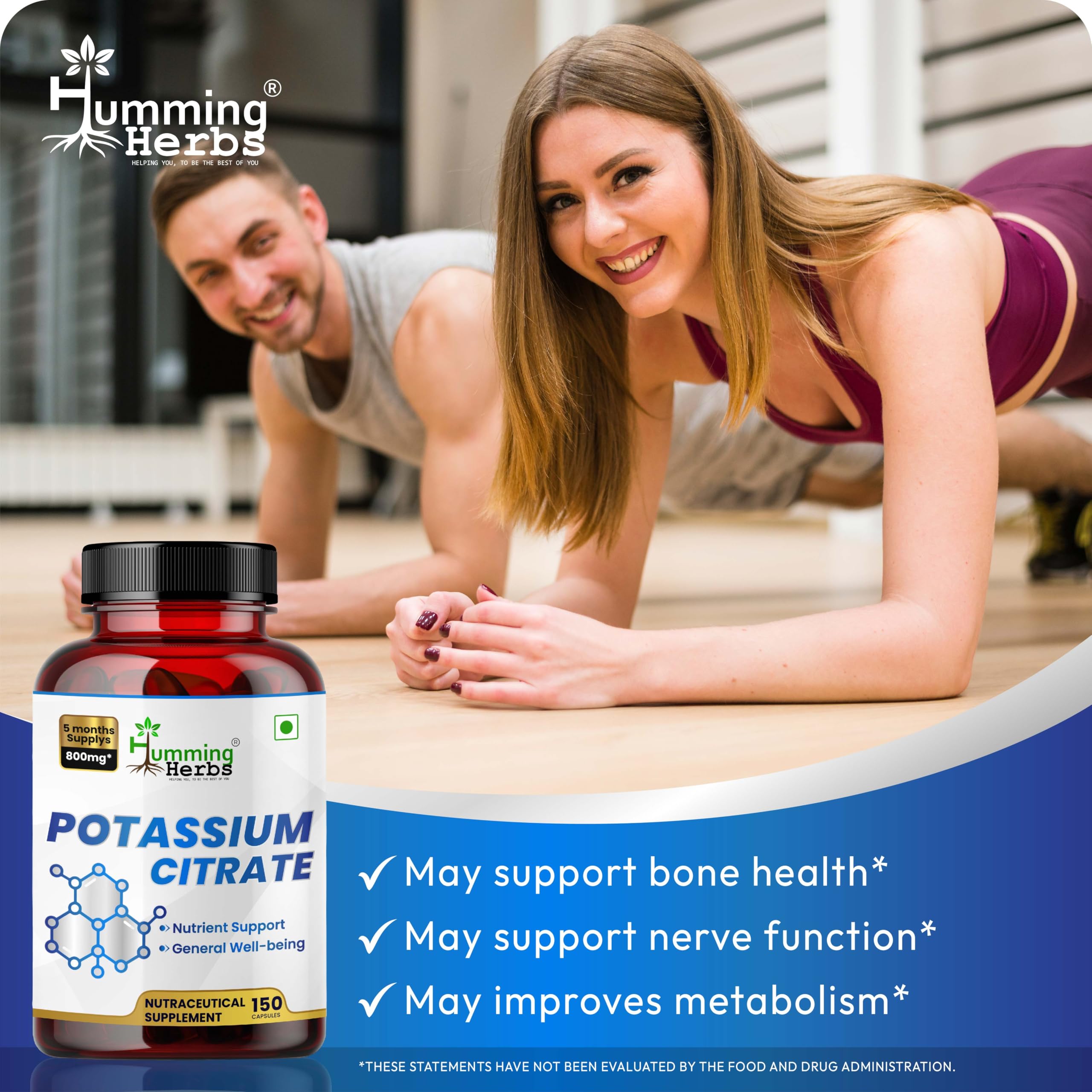 Humming Herbs Potassium Citrate 800mg | Electrolyte Balance, Muscle & Heart Support | Essential Mineral for Hydration, Nerve Function & General Well-Being | 150 Capsules, 5-Month Supply 1