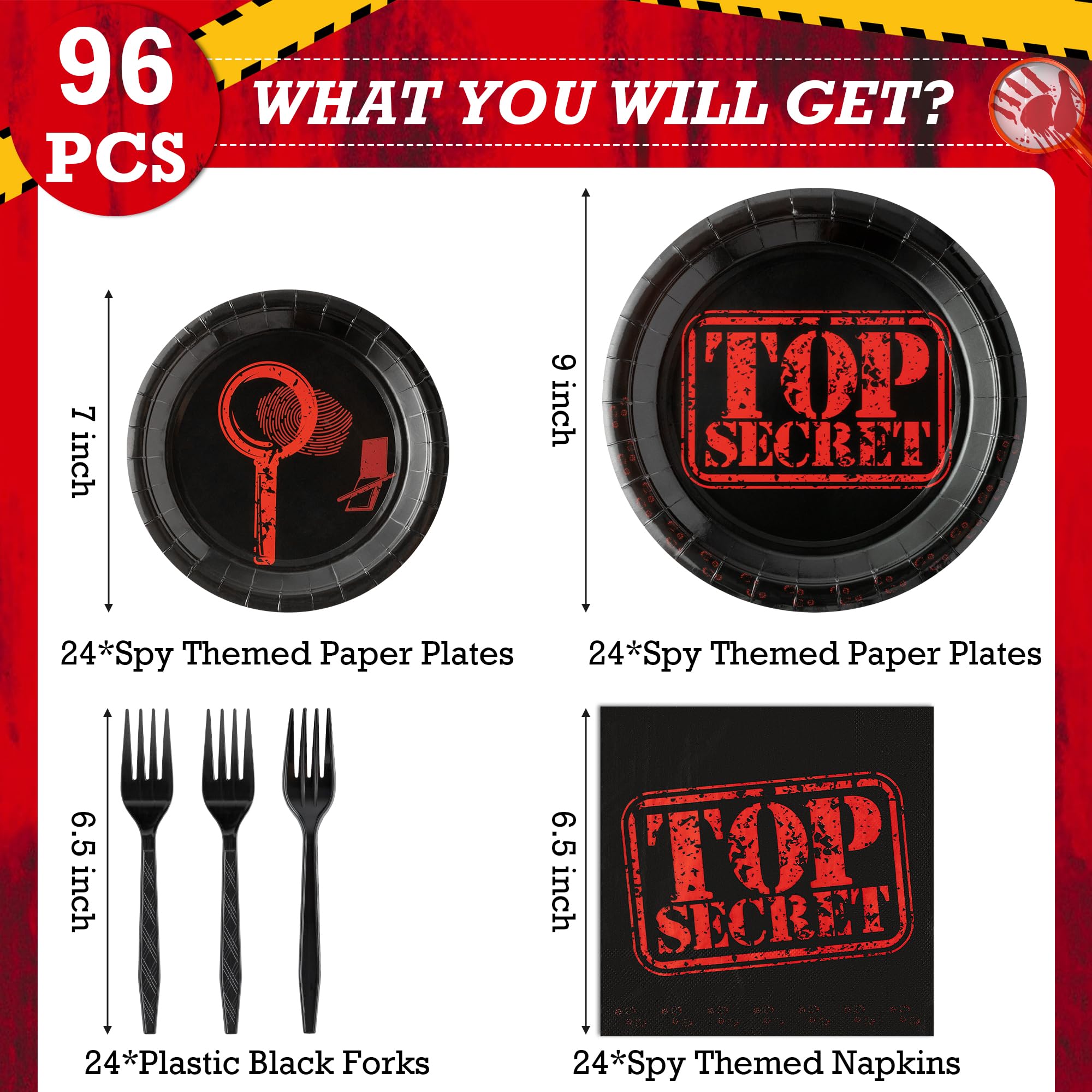 G1ngtar 96Pcs Top Secret Party Plates Supplies Secret Agent Spy Detective Party Tableware Decorations Escape Room Disposable Paper Plates Napkins Forks for Kids Birthday Baby Shower, Serves 24 Guests