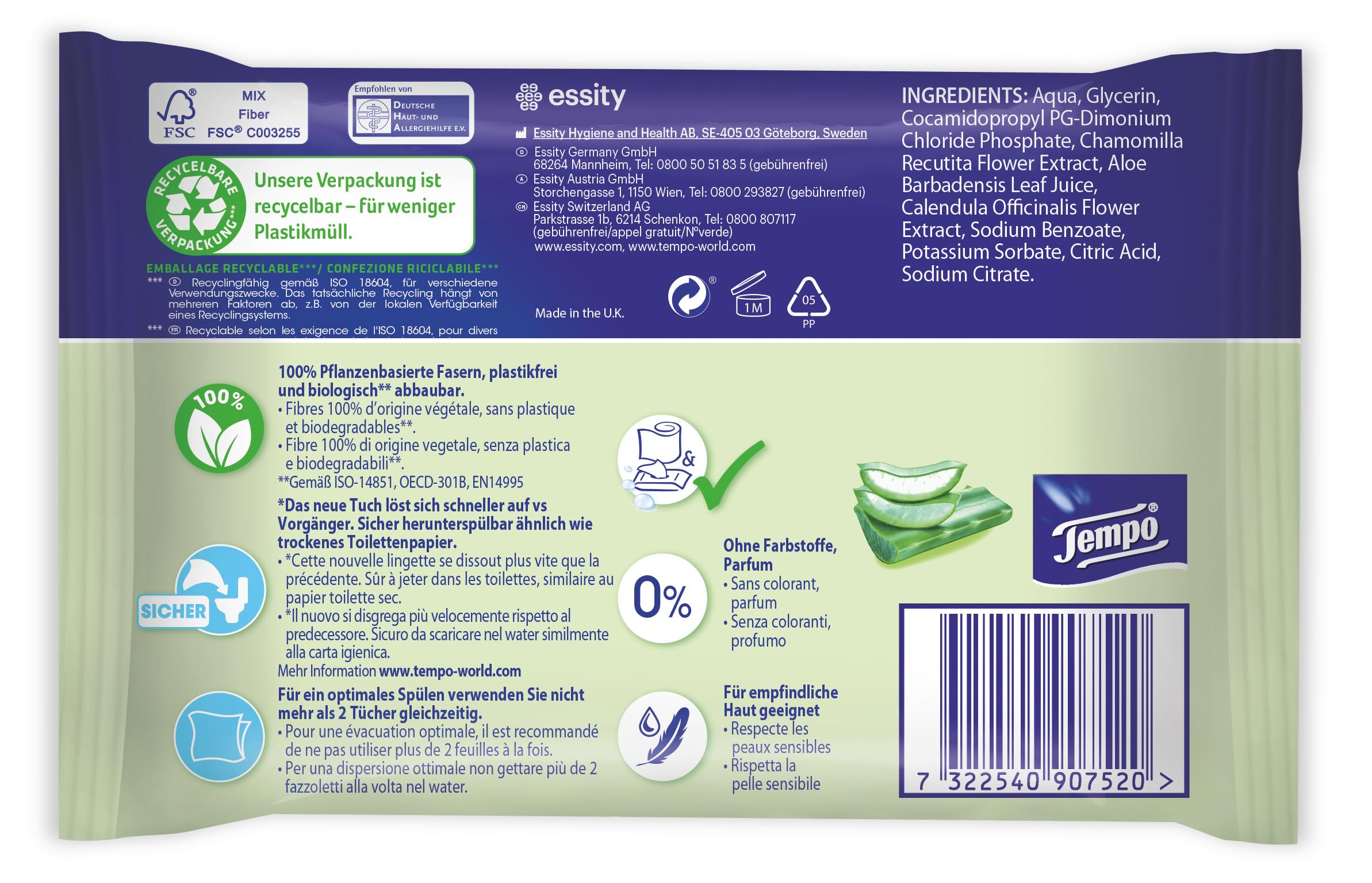 Tempo Wilgotne chusteczki toaletowe "Sanft & Sensitiv" – duży pakiet – 16 opakowań po 42 chusteczek – z naturalnym aloesem – wilgotny papier toaletowy, testowany dermatologicznie i neutralne pH