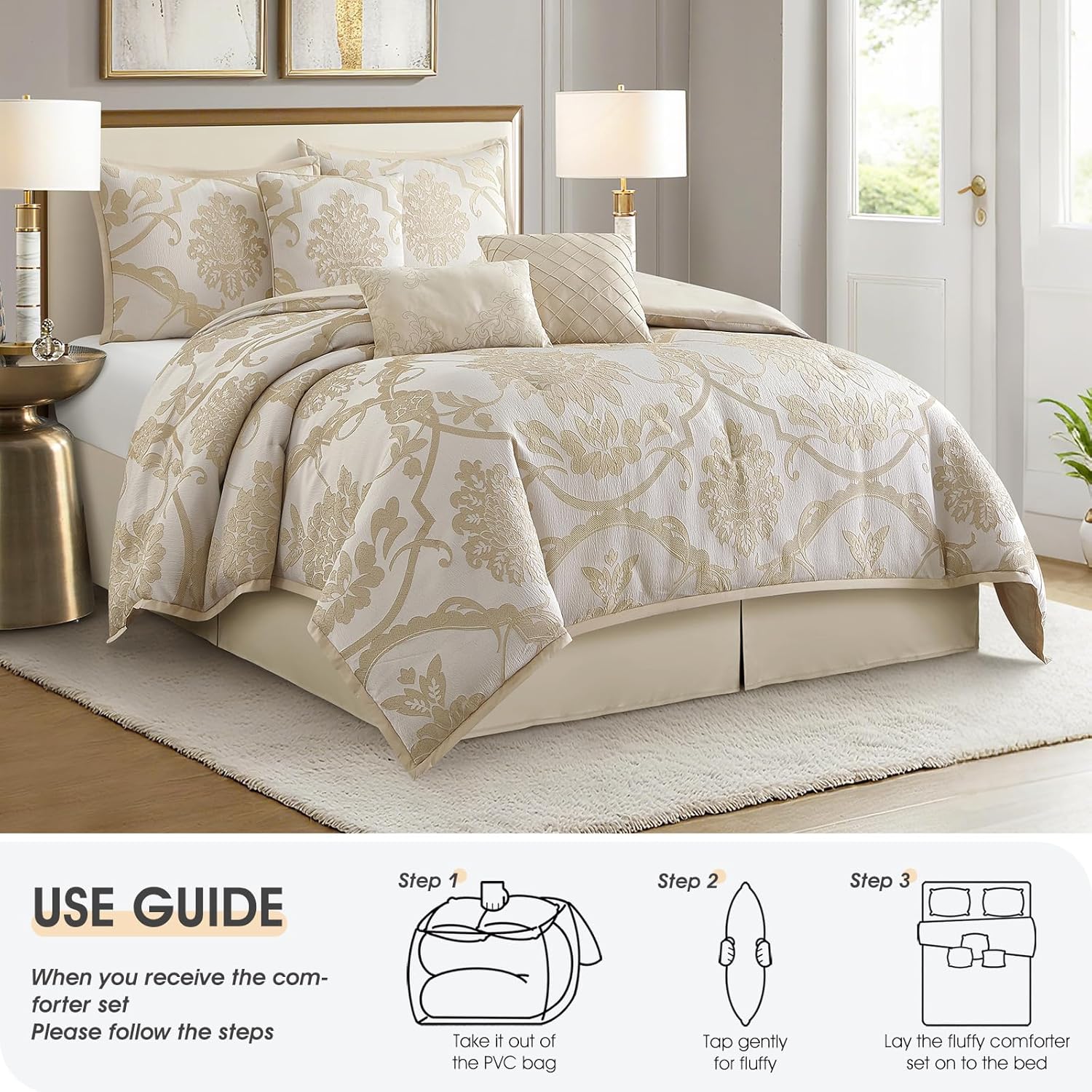 LANCO MODERN LIFESTYLE 7 Piece Gold Comforter Set, King, Elegant Jacquard Floral Bed in a Bag, Microfiber Bedding All Seasons with Pillow Shams, Decorative Pillows and Bed Skirt