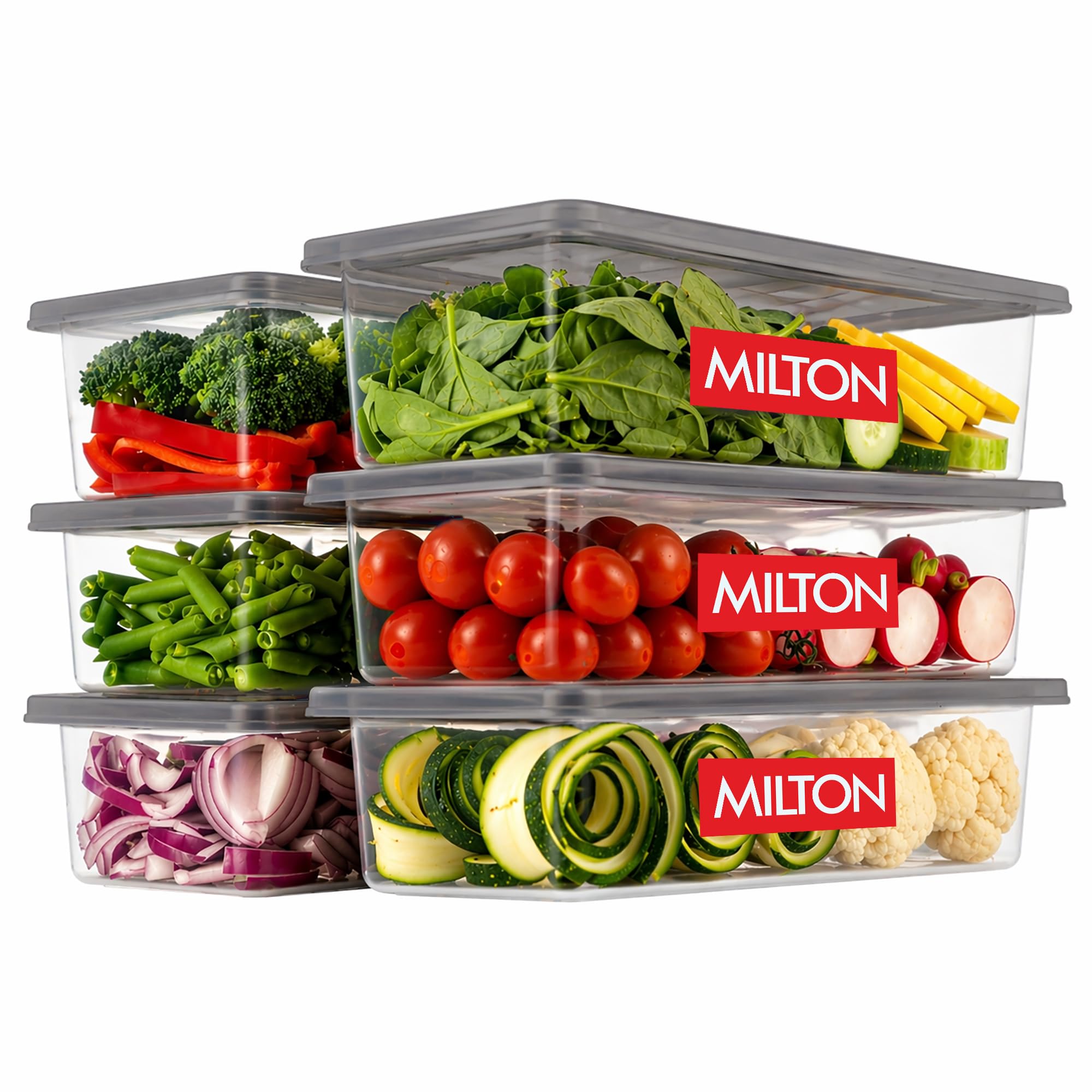MILTON Cryo Fridge Storage Boxes Set of 6 Fridge Organizer Container with Waterproof Vinyl Stickers & Removable Drain Plate, Lid|Stackable Box, Plastic Containers 1500 ml|Fish, Vegetables, Fruits|Grey-image-24