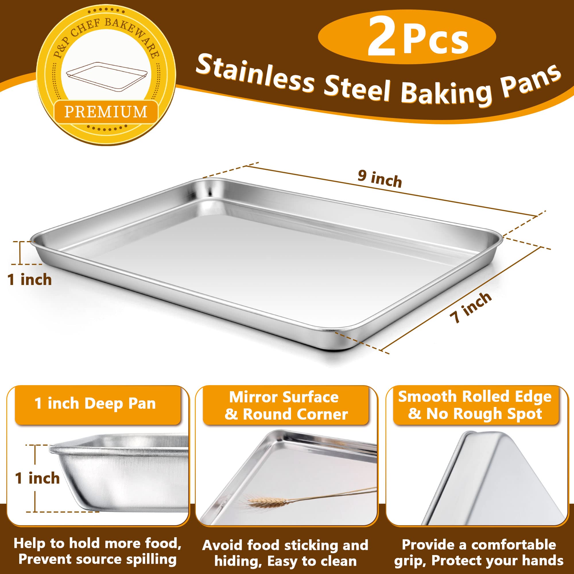 P&P CHEF Stainless Steel Mini Toaster Oven Pan - 9x7 Inch Baking Tray With Corrugated Bottom