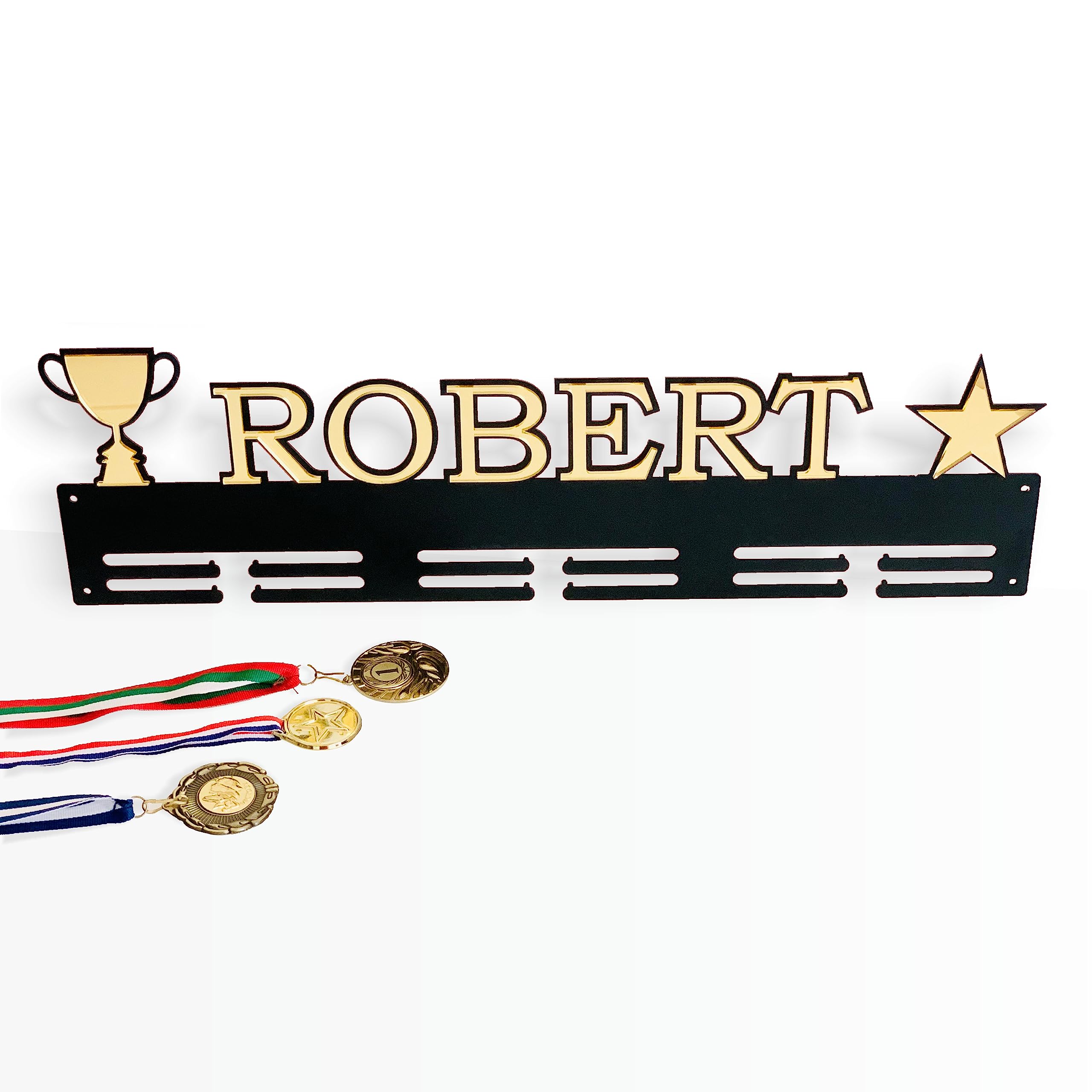 FranJohnsonHouse Personalisierter Medaillenhalter aus Metall mit Name, Sterne und Trophäen-Pokal, Geschenk für Athleten, Luxus Medaillenträger, Sportart Medaillen Aufhänger Medaillenständer (Design 2)