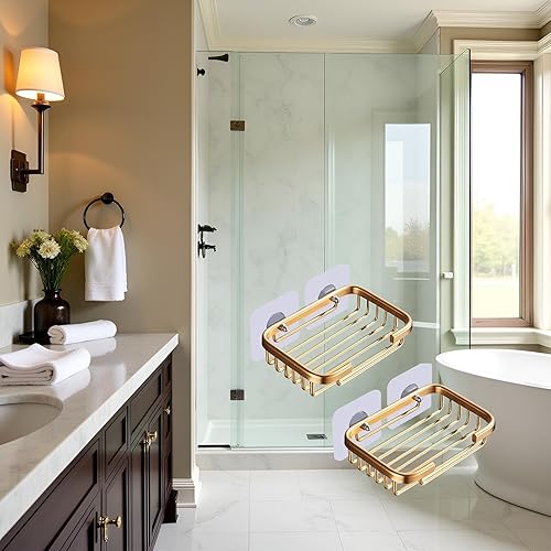 Miniatura 7 de 2 jaboneras doradas para ducha, estante de drenaje colgante creativo, soporte autoadhesivo para jabonera, estante de almacenamiento de jabonera, sin