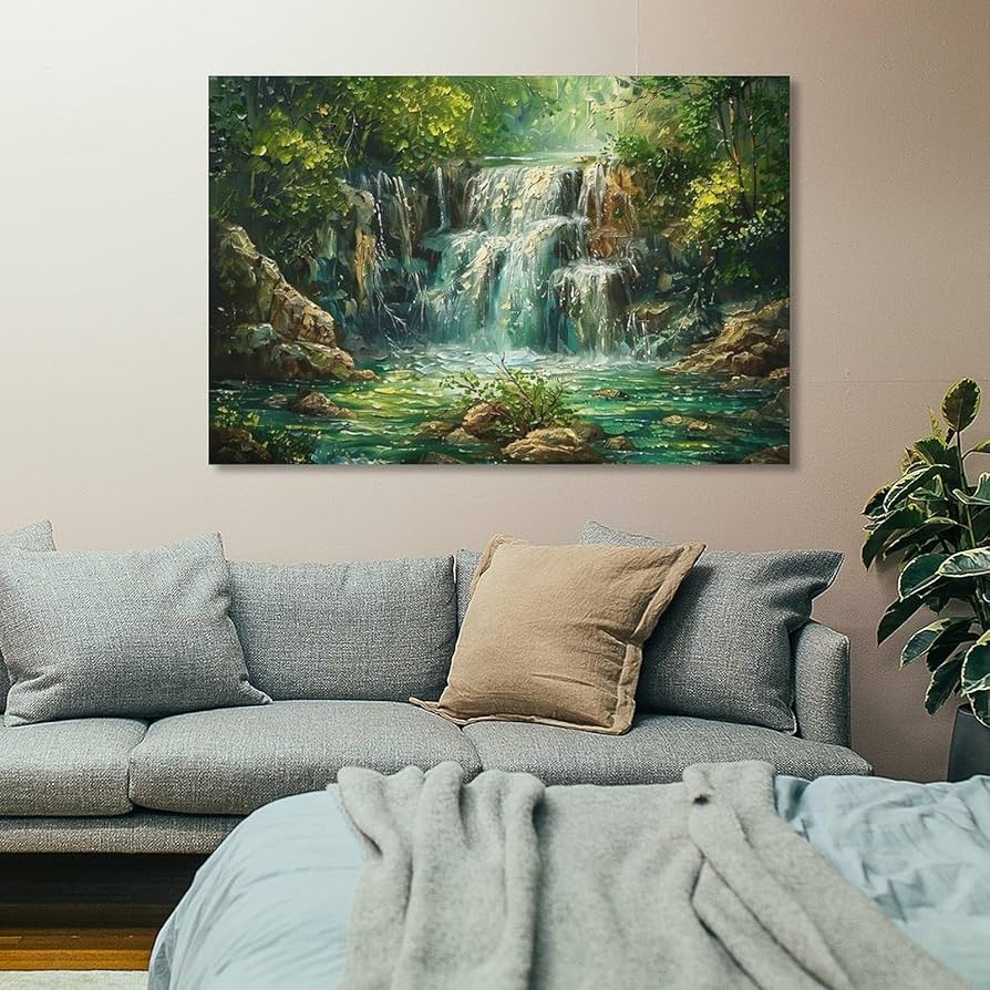 油絵 絵画【森の風景】 Amazon.co.jp: 絵画 深い山と古い森の滝インテリア 絵画 油絵